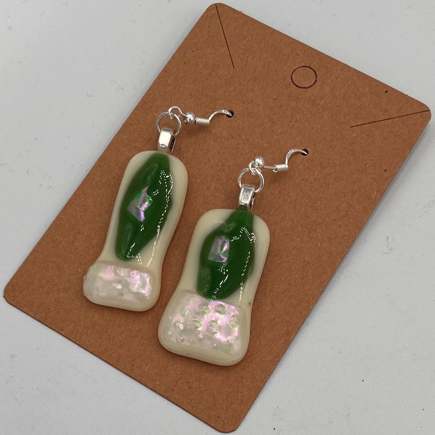 Alphonso Rowe, Fused Glass Earrings, Green and Off-White Design