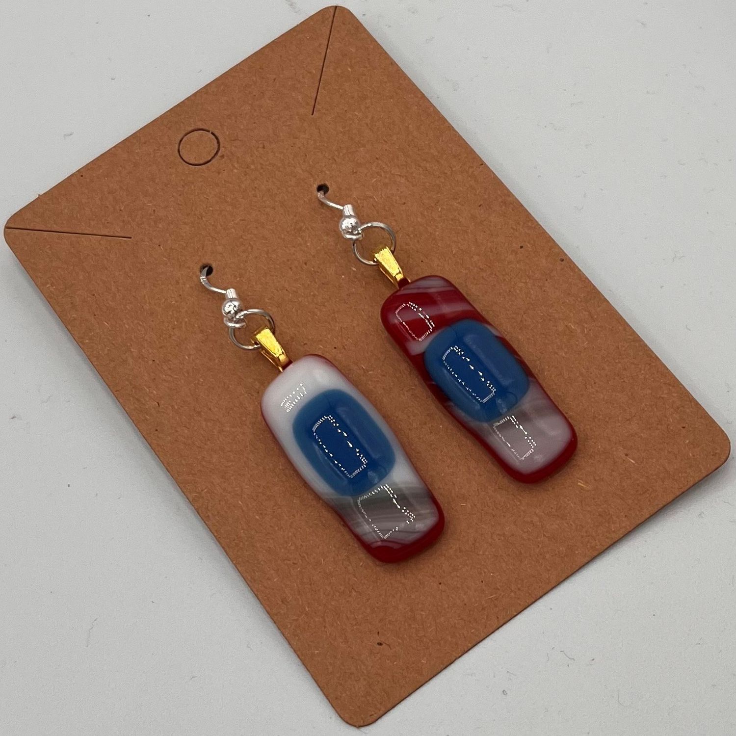Alphonso Rowe, Fused Glass Earrings, Red, White, Blue and Grey Design