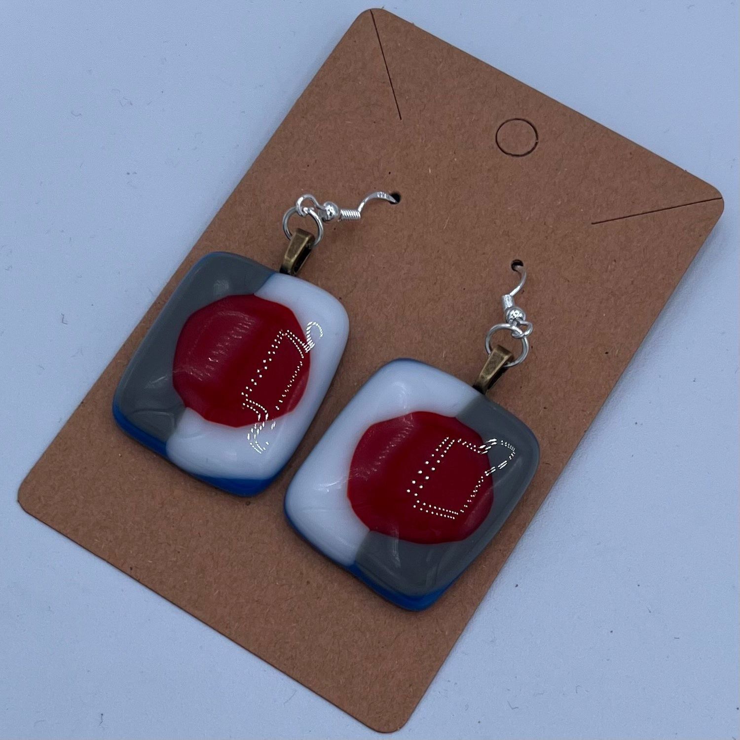 Alphonso Rowe, Fused Glass Earrings, Red Circles on Grey and White Background