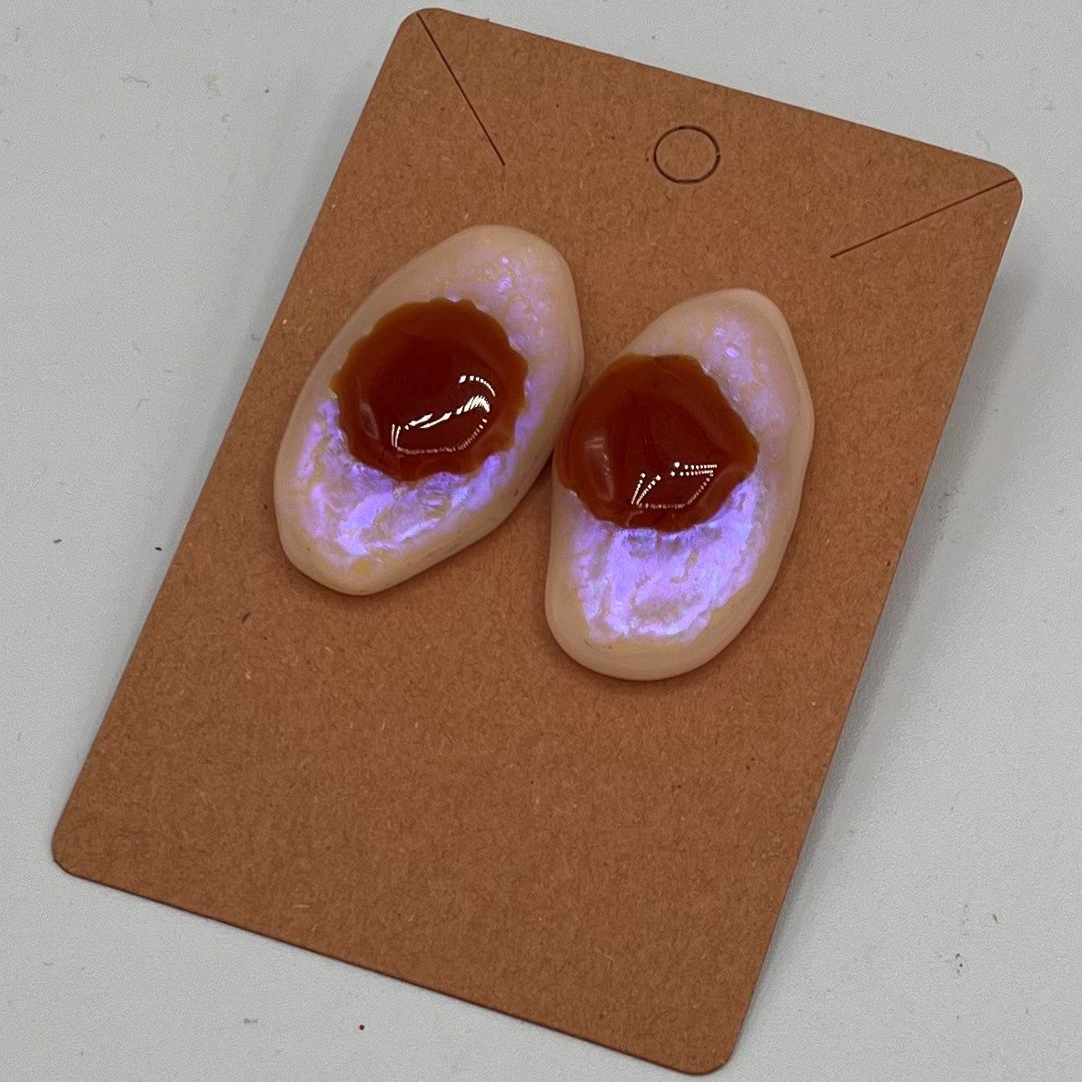 Alphonso Rowe, Fused Glass Earrings, Brown Circles on Iridescent Background