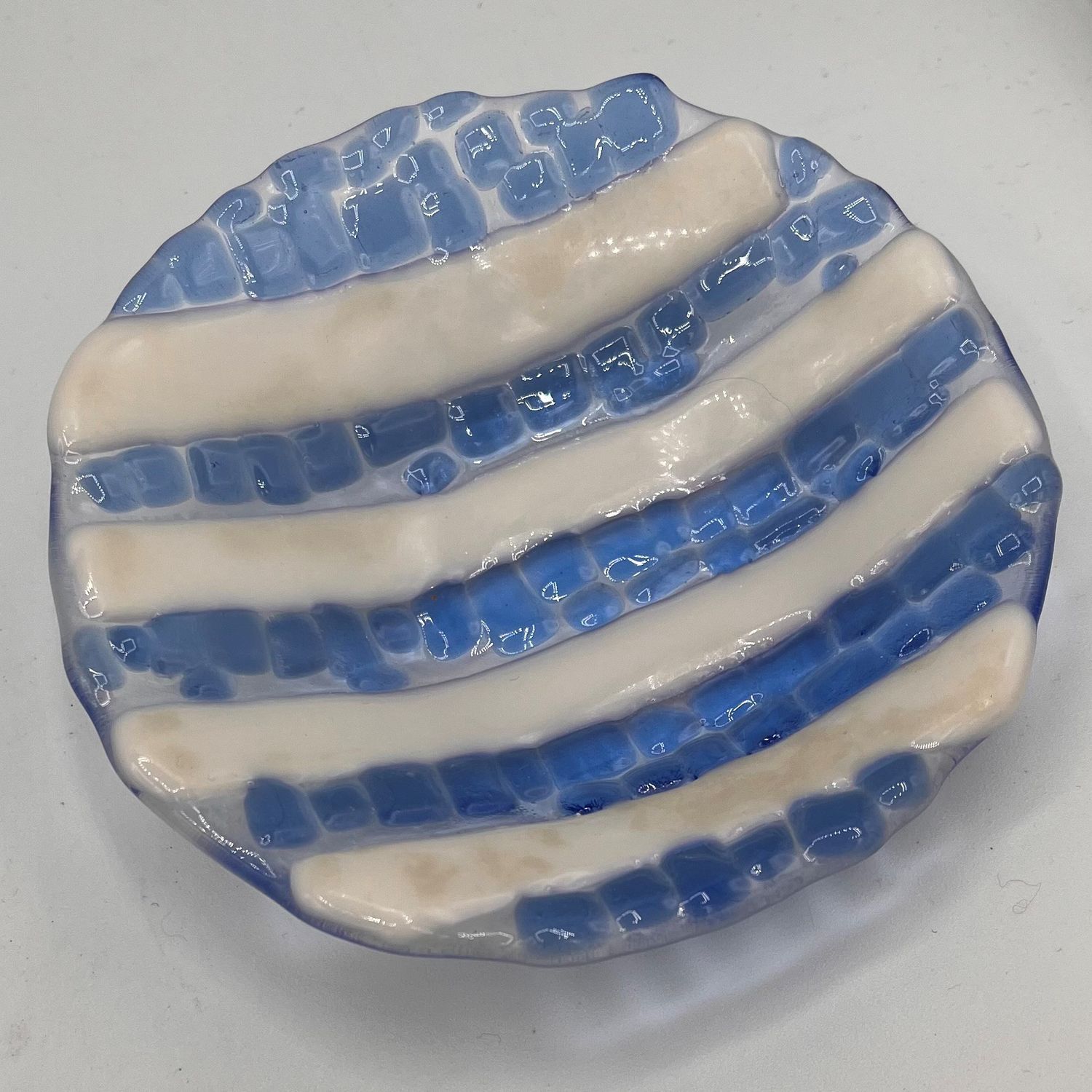 Alphonso Rowe, Fused Glass Bowl, Blue and White Stripes
