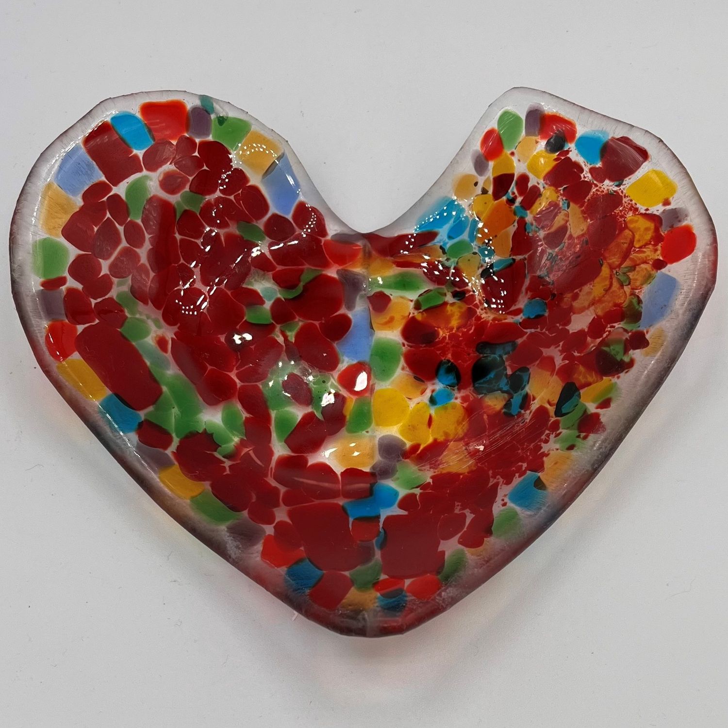 David Campbell, Fused glass Dish, Red and Colorful Chunky Heart