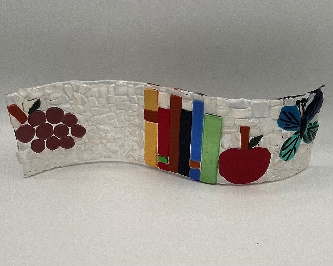 Mallory Miller, Fused Glass Stand Piece, Butterfly, Fruit, and Books