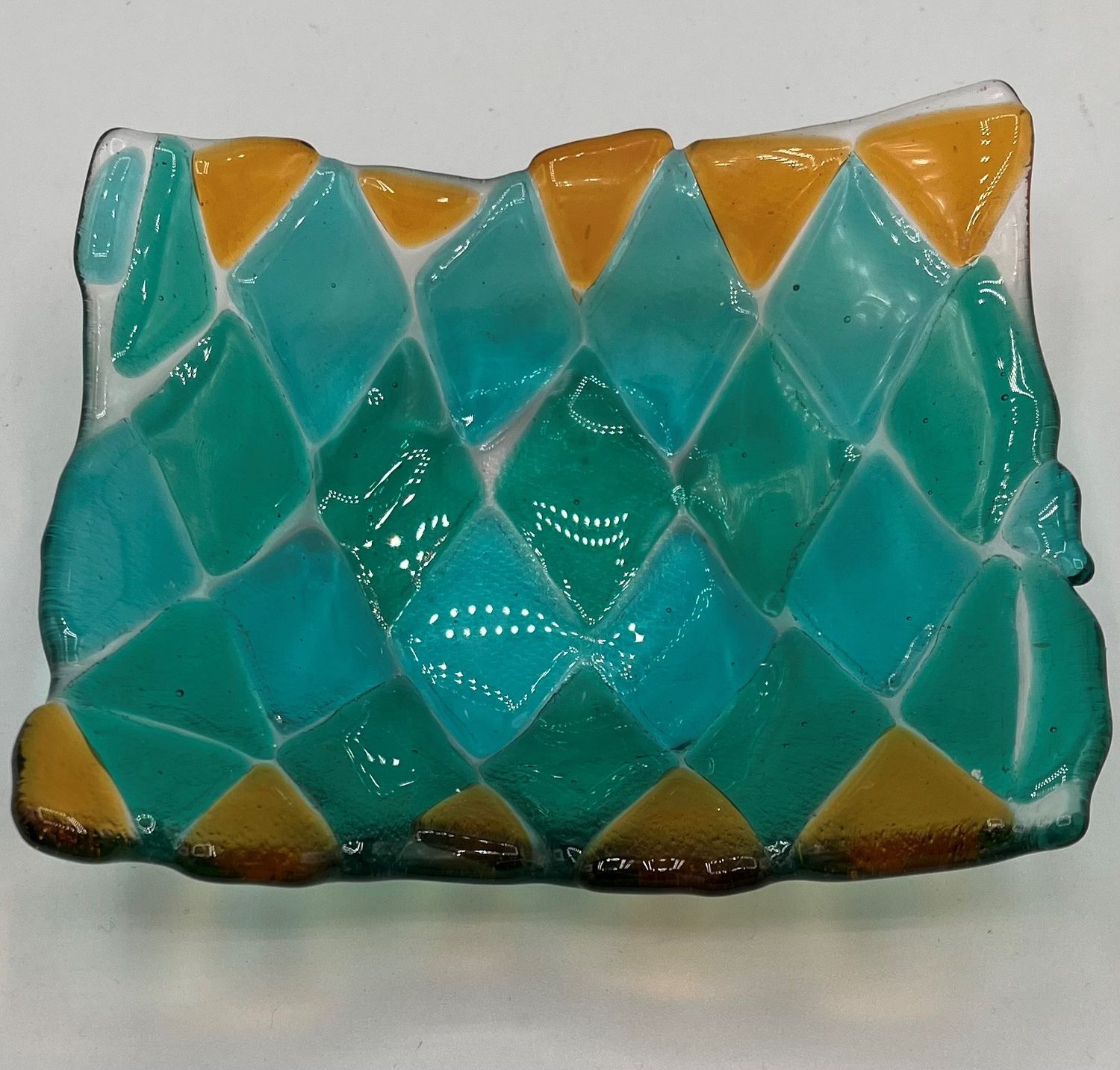 Meredith Bokeno, Fused Glass Dish, Teal and Yellow Shapes