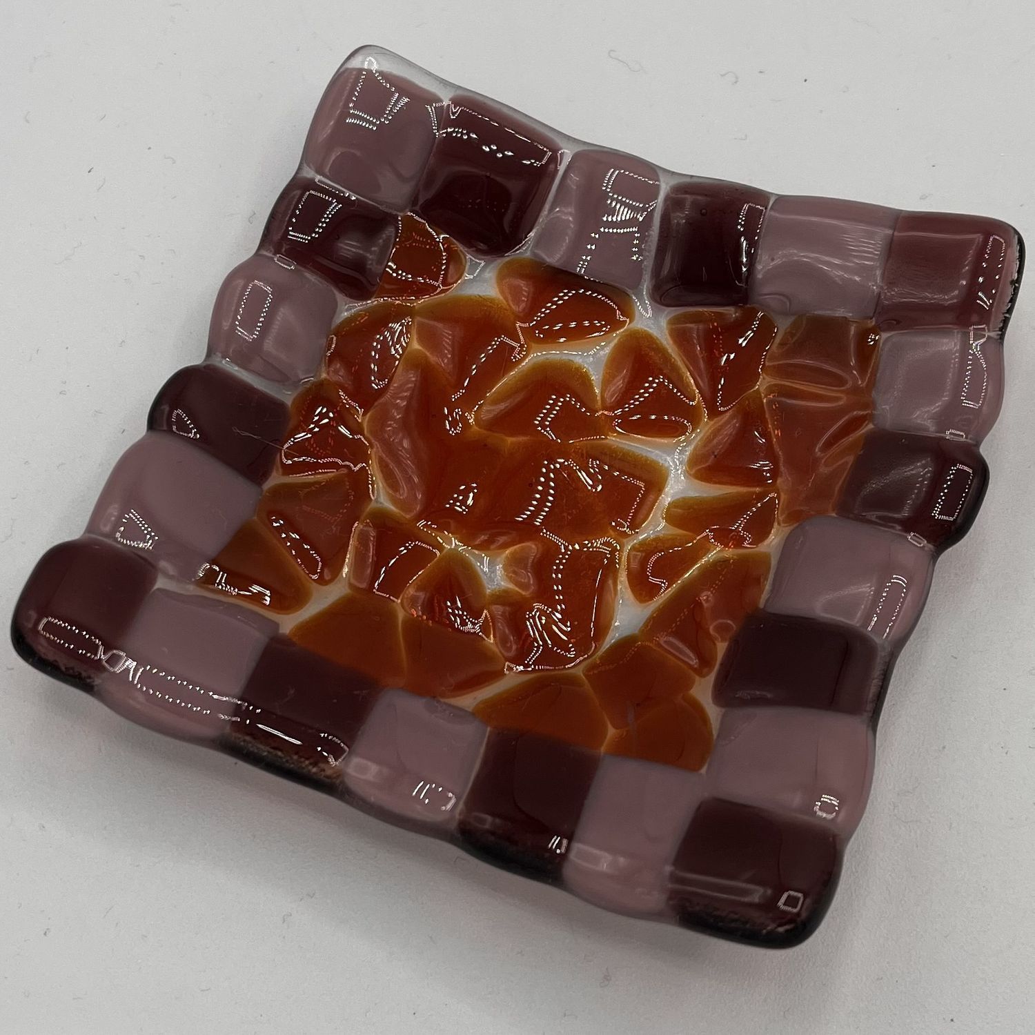 Alphonso Rowe, Fused Glass Dish, Purple Squares and Brown Triangles
