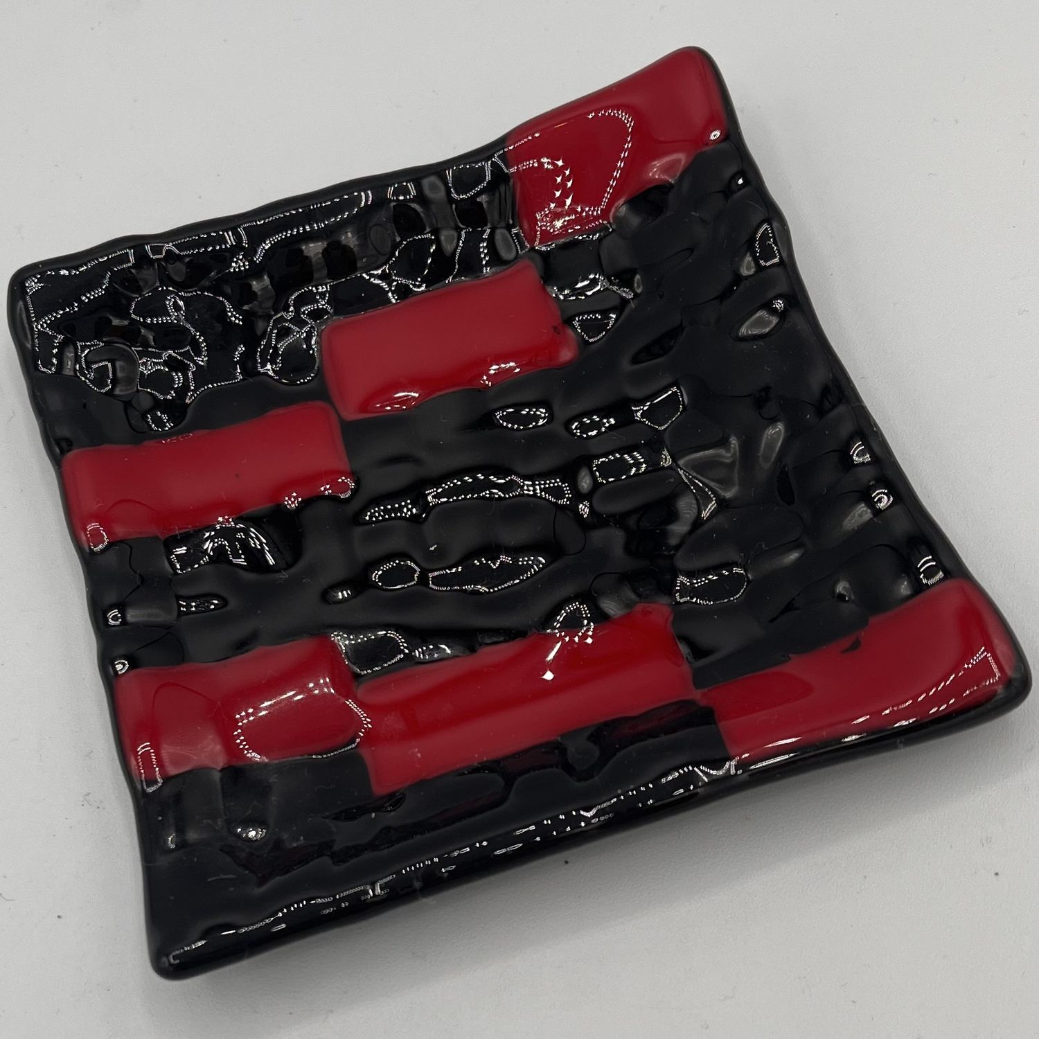 Alphonso Rowe, Fused Glass Ring Dish, Red and Brown Stripes
