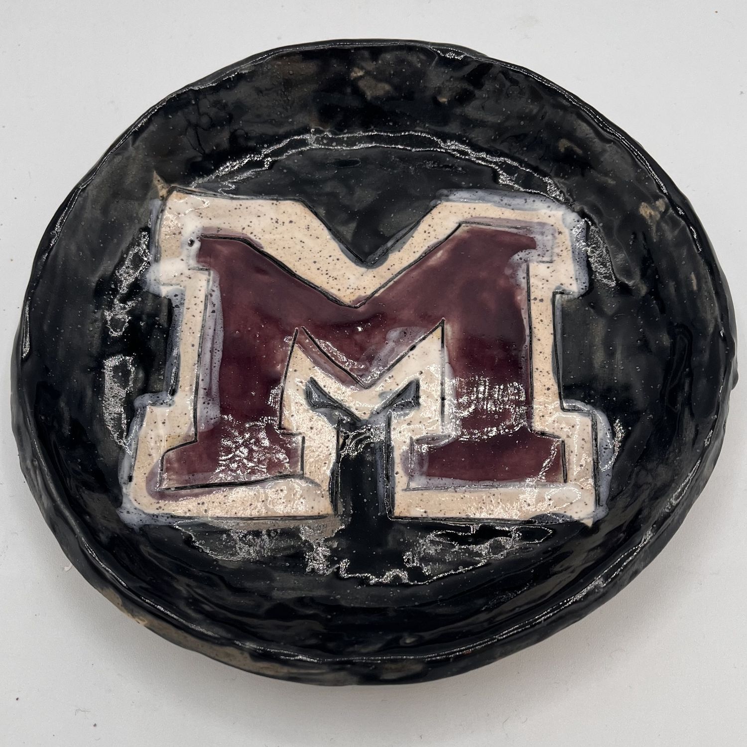 Bobbie Jo Robinson, Ceramic Plate, Dark Red &#39;M&#39; on Black and White Background