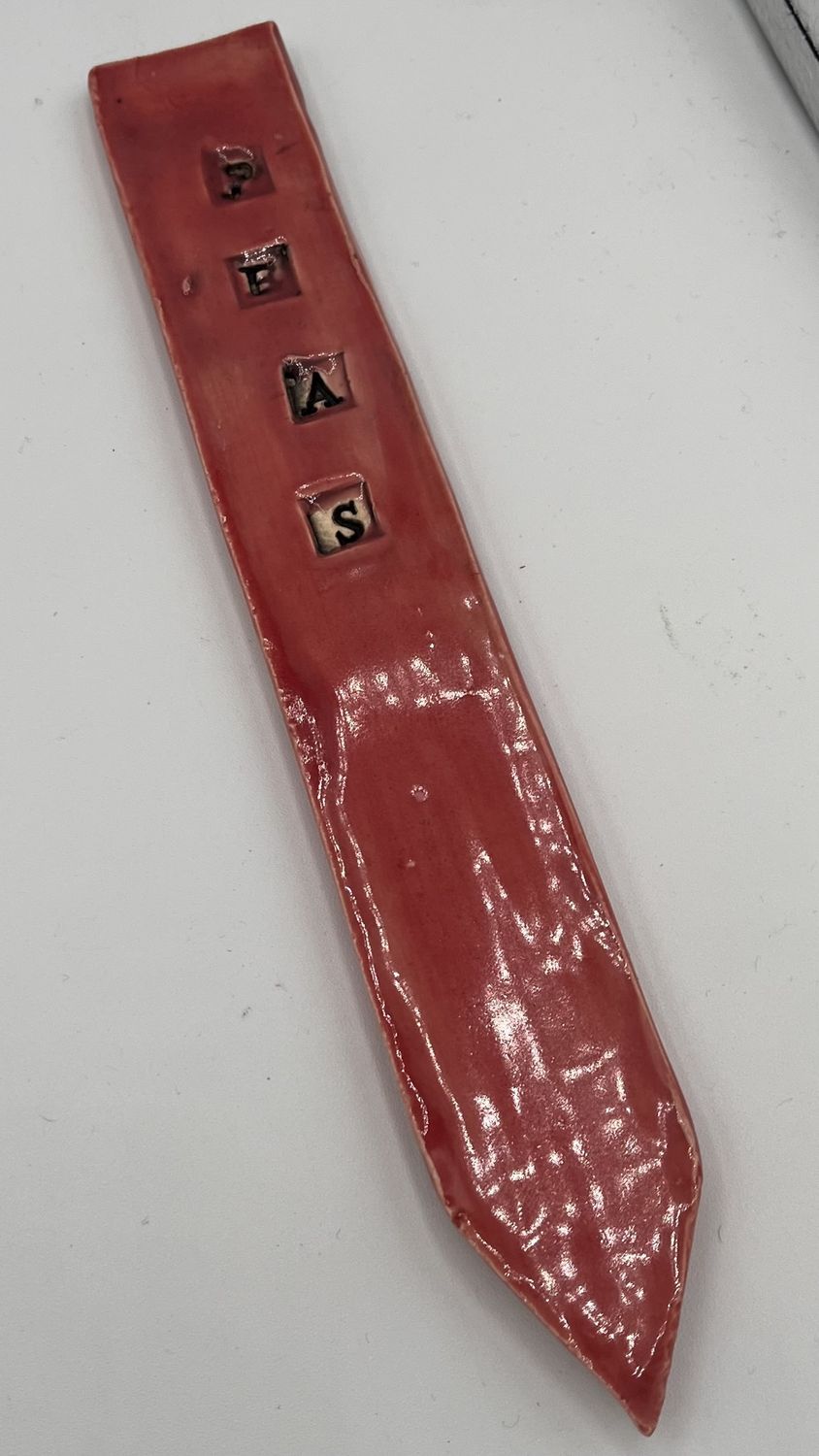 Andrea Walker, Ceramic Garden Stake, Peas on Red Background