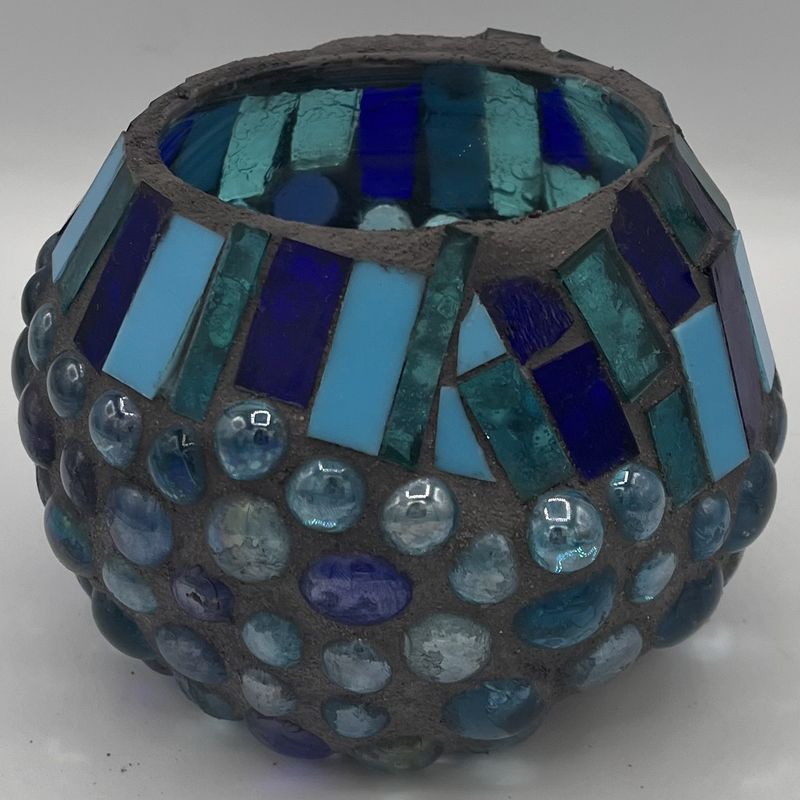 Jody Mann, Glass Mosaic Vase, Multi-Shade Blue Stripes and Circles