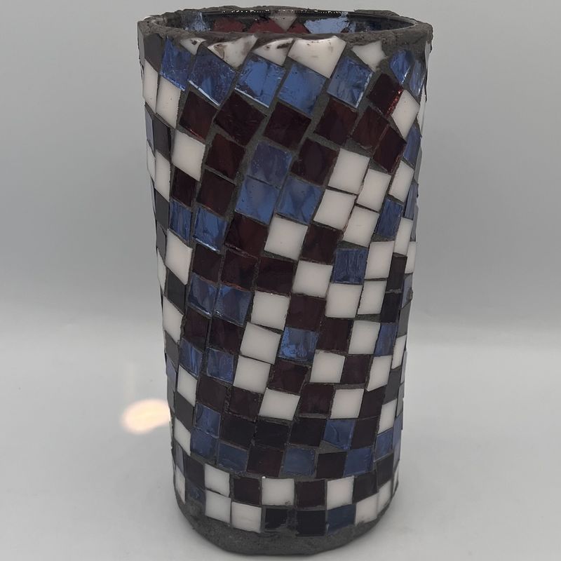 James Egan, Glass Mosaic Vase, Purple, Blue and White Squares