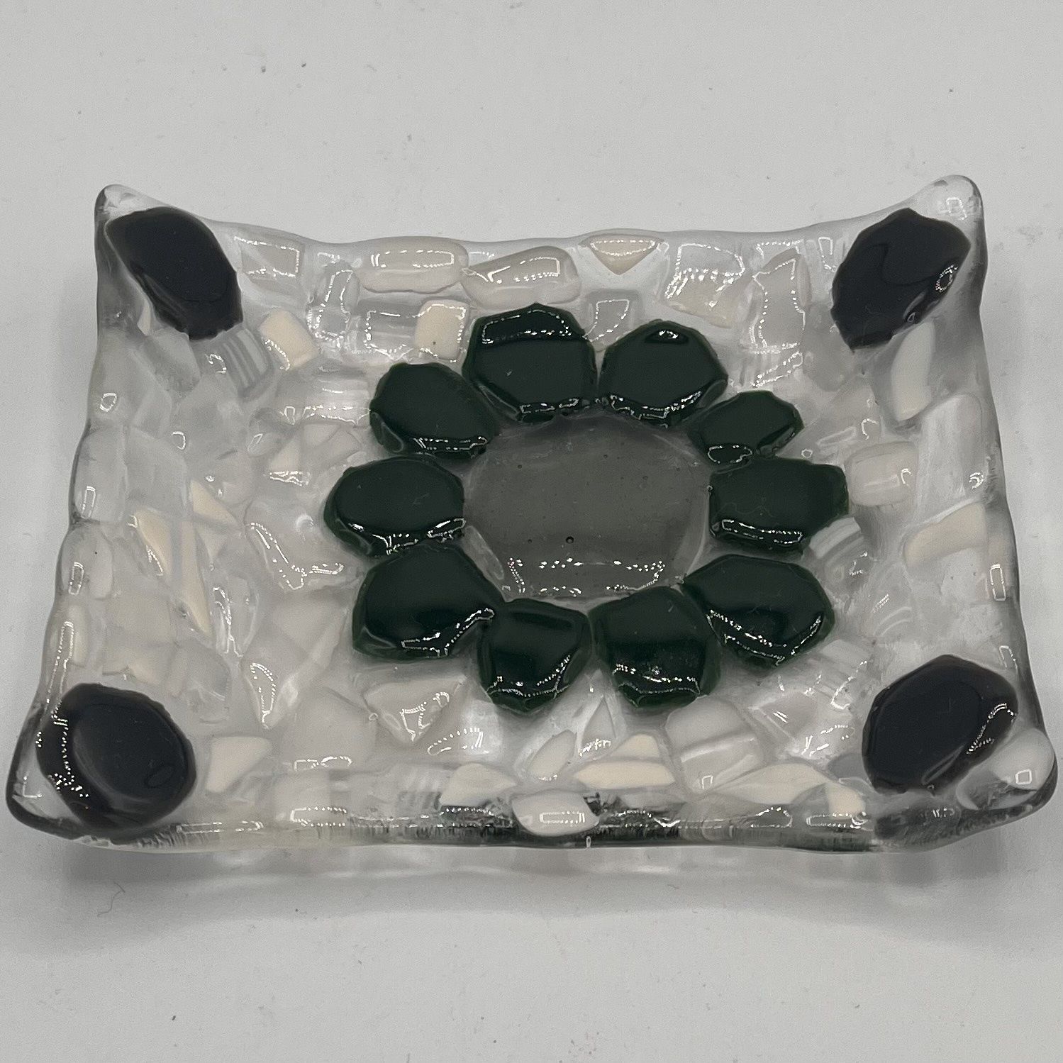 Erin Williams, Fused Glass Dish, Dark Green Flower