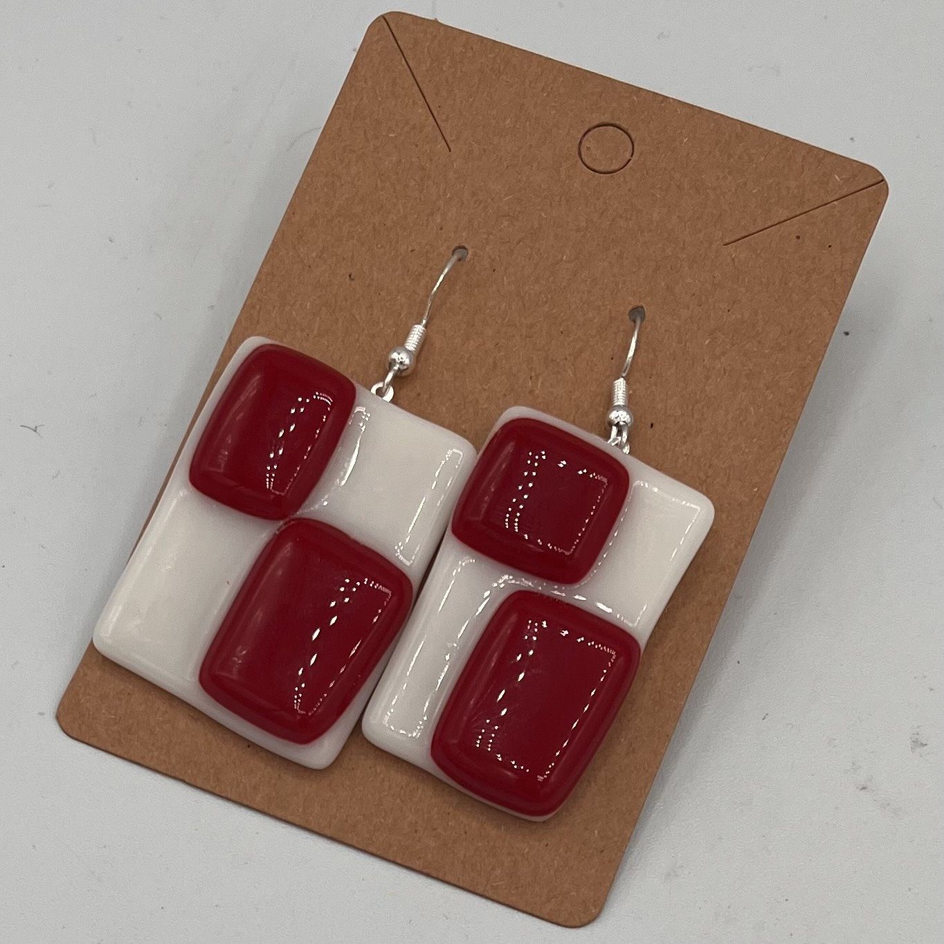 Alphonso Rowe, Fused Glass Earrings, Red and White Checkerboard