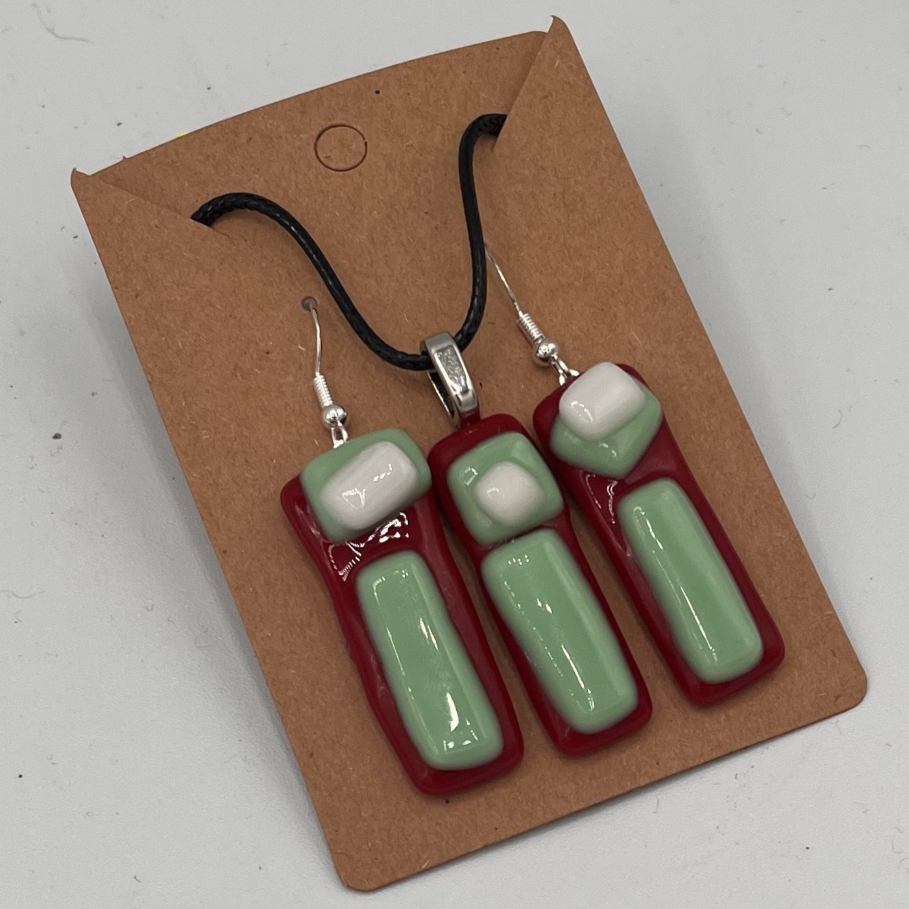 Alphonso Rowe, Fused Glass Jewelry Set, Red, White and Green Design