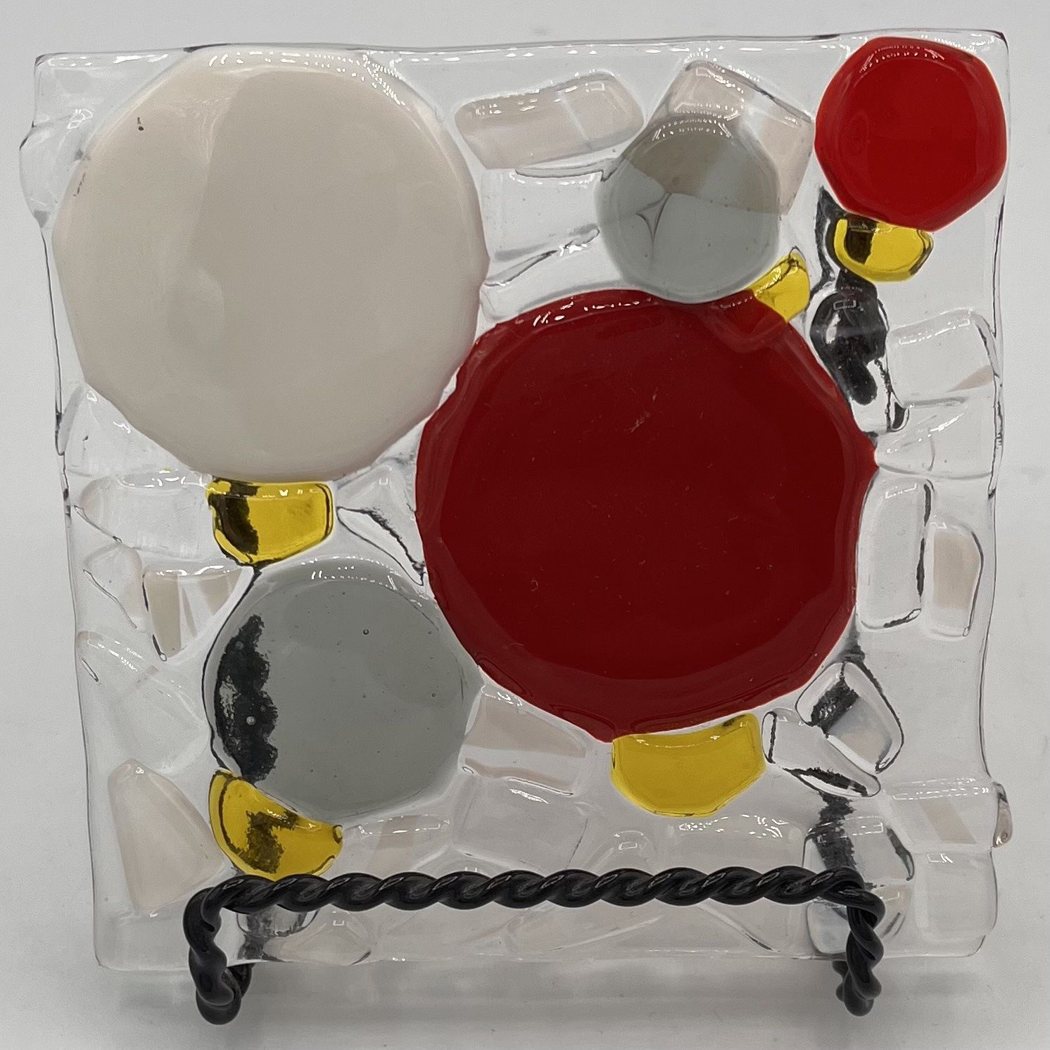 Jonathan McDowel, Fused Glass Stand Piece, Red, Grey, White and Yellow Circles