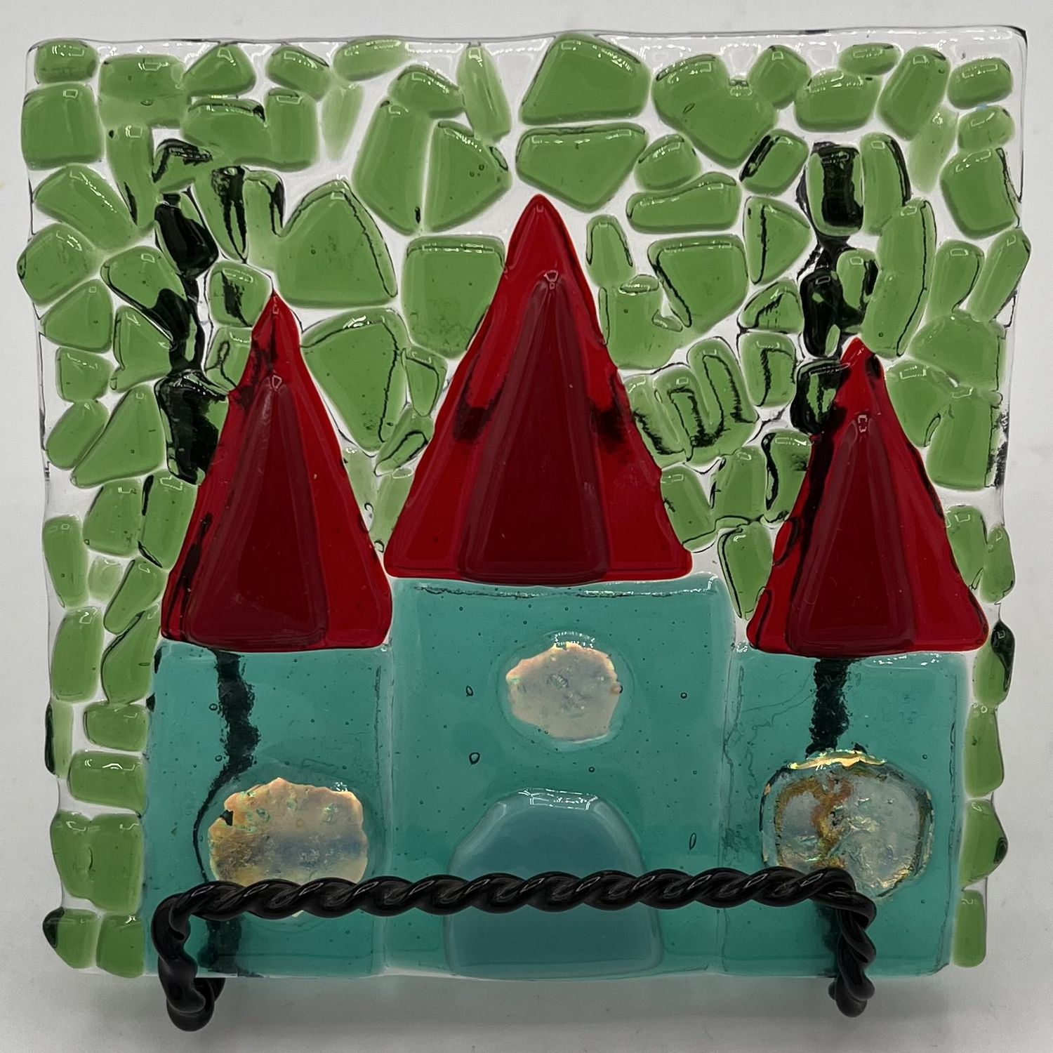 Cassie Sullivan, Fused Glass Stand Piece, Red and Turquoise Castle