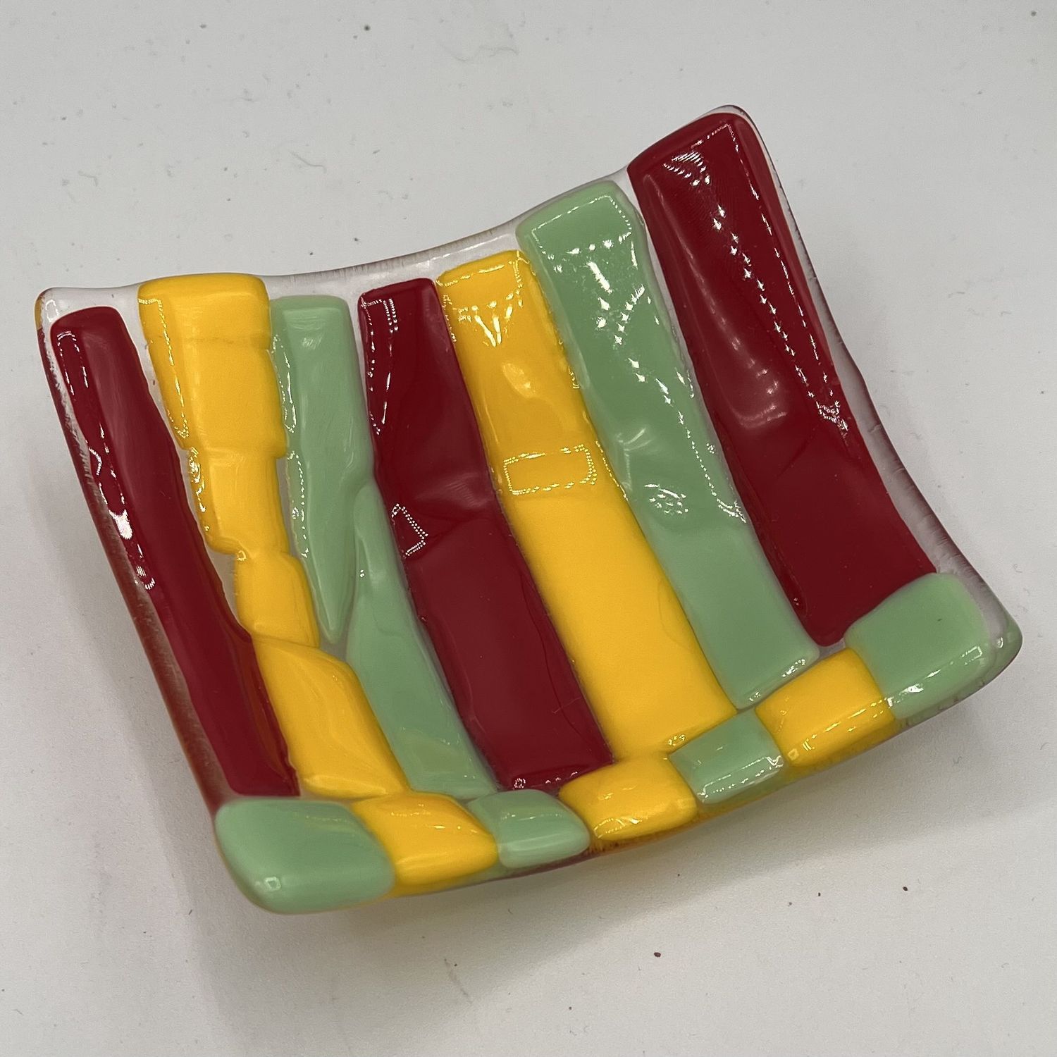 Alphonso Rowe, Fused Glass Dish, Red, Yellow and Green Stripes