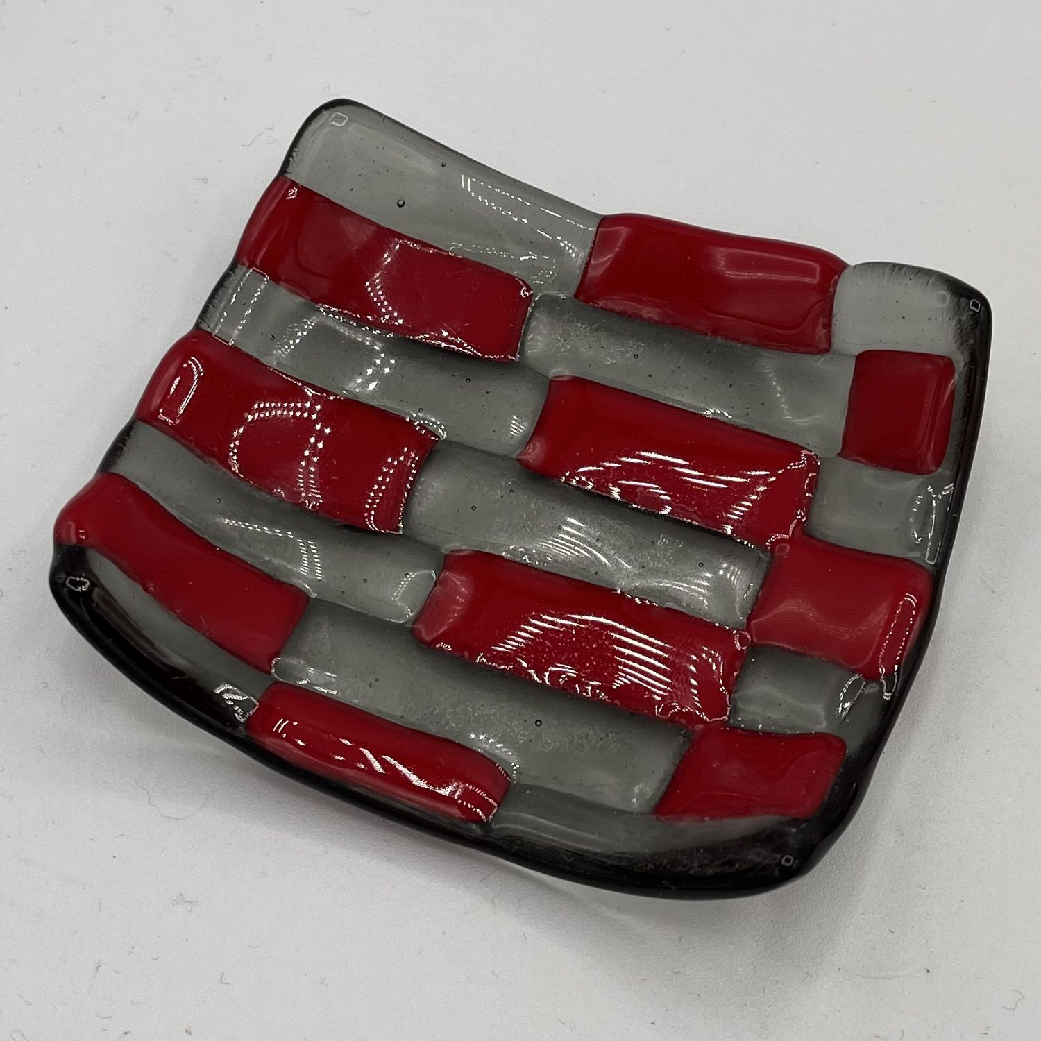 Alphonso Rowe, Fused Glass Dish, Red and Grey Stripes