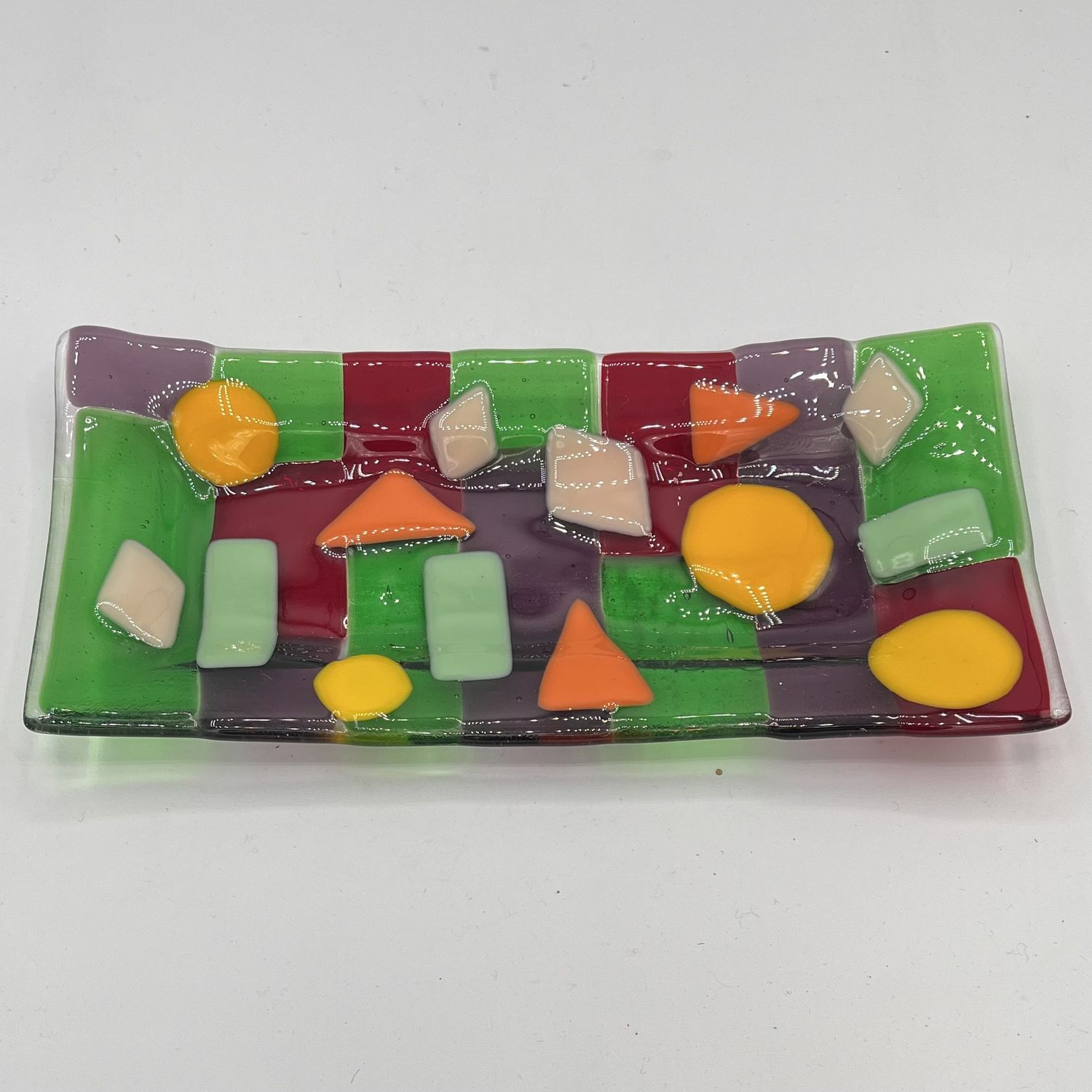 Beth Shaw, Fused Glass Dish, Multicolor Shapes on Green, Red and Purple Background