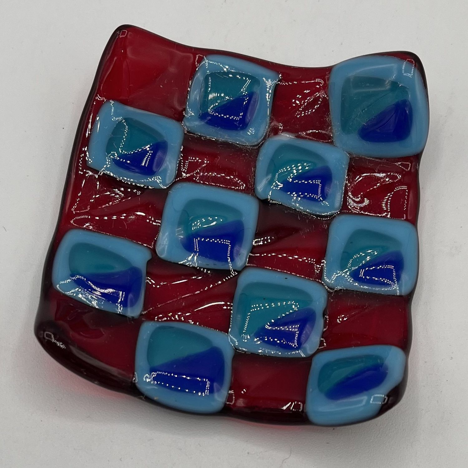 Kaitlin Moser, Fused Glass Ring Dish, Red and Blue Shapes