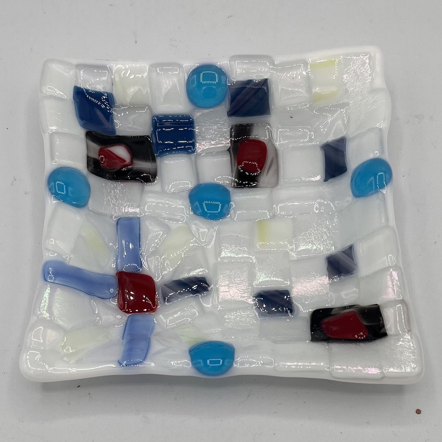 Beth Shaw, Fused Glass Dish, Red, White and Blue Shapes