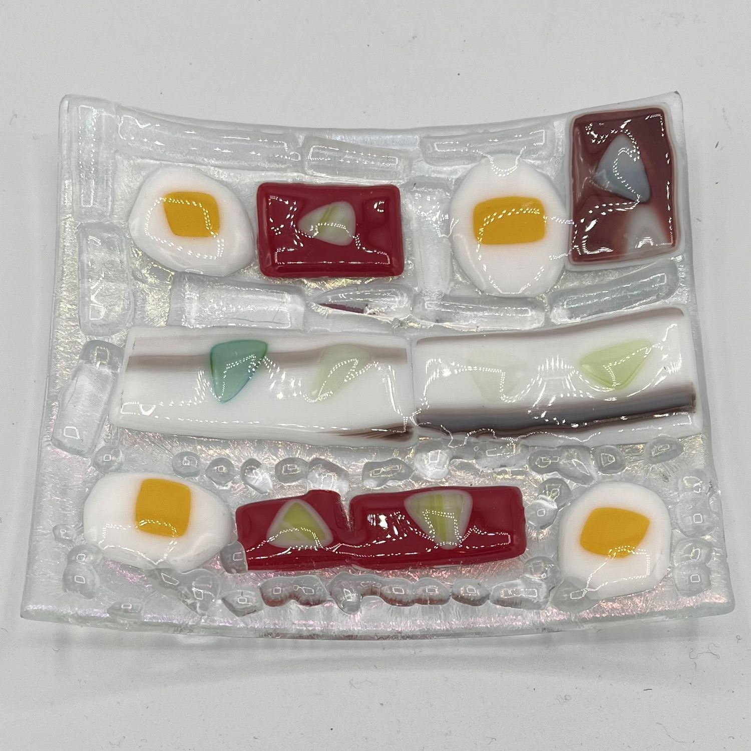 Beth Shaw, Fused Glass Dish, Red, White, Green and Yellow Shapes