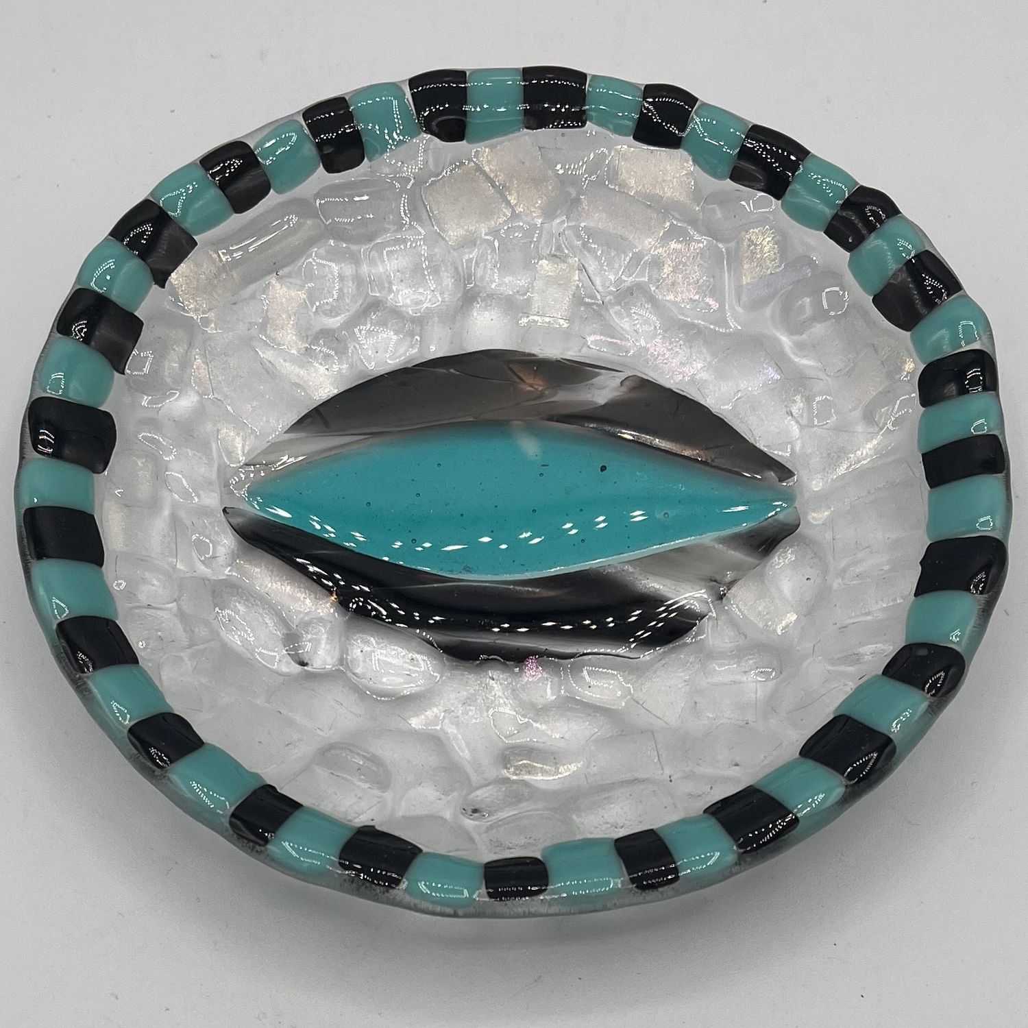 Alphonso Rowe, Fused Glass Bowl, Black and Turquoise Design