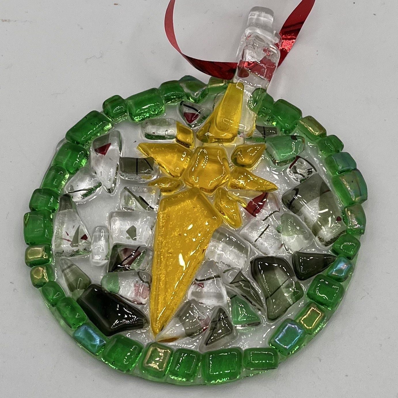 Jonathan McDowell, Fused Glass Ornament, Green and Yellow Design