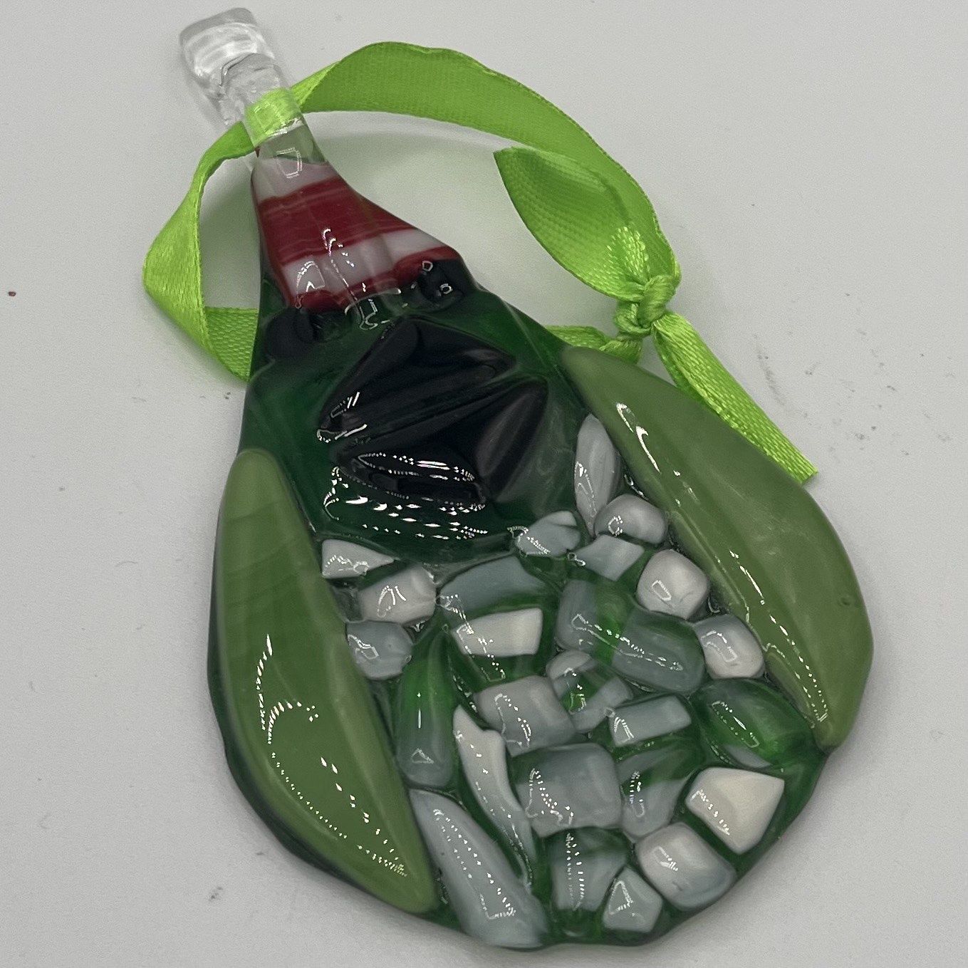 Brett Garrett, Fused Glass Ornament, Red, Green and White Bird