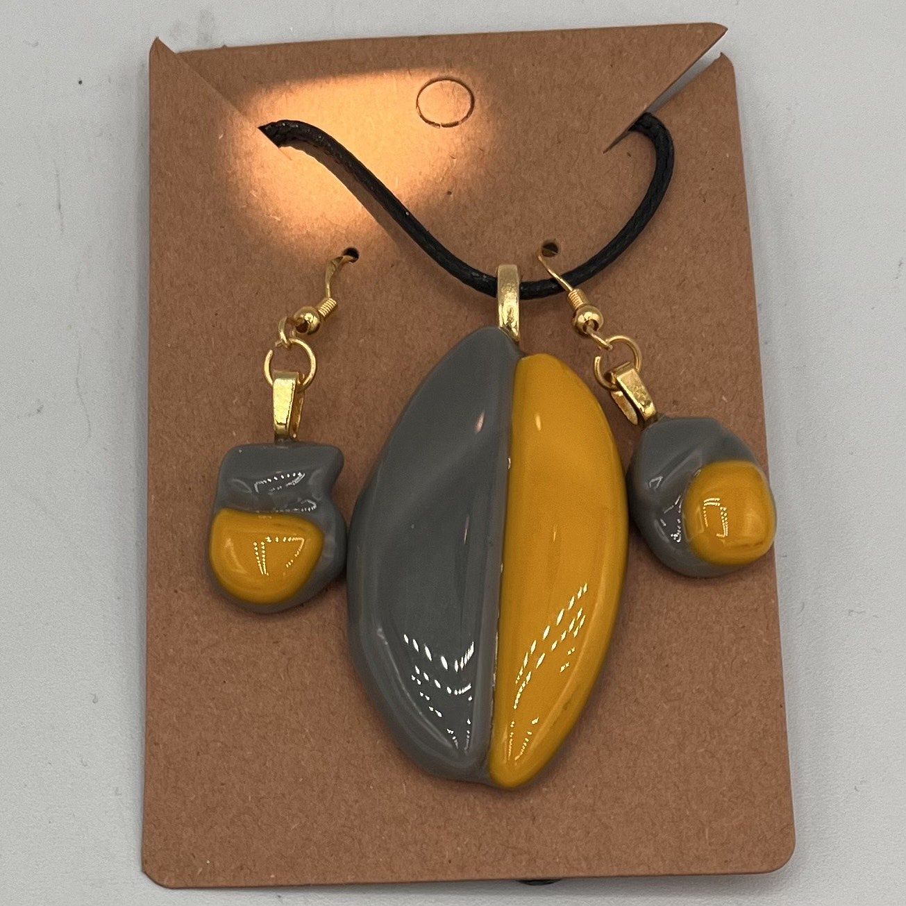 Rebecca Reed, Fused Glass Jewelry Set, Grey and Yellow Design