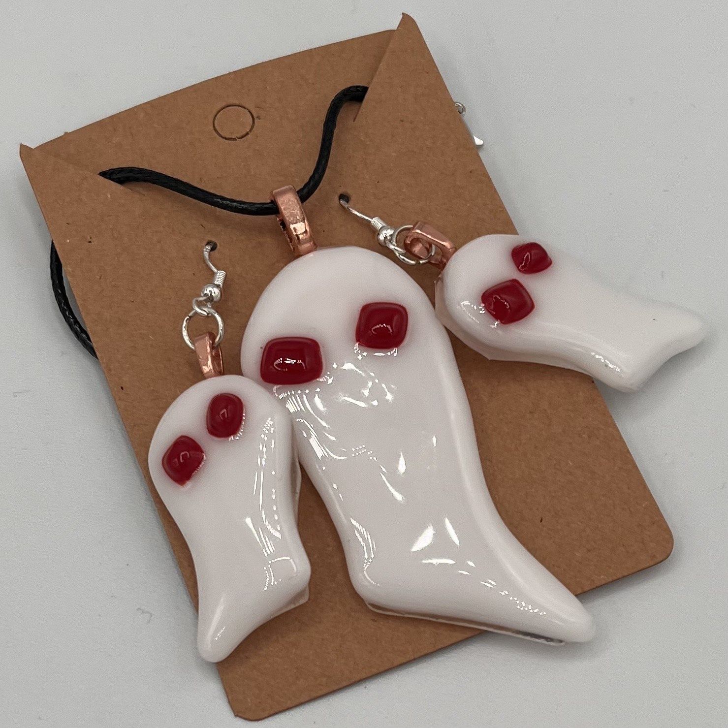 Kara Burgdorf, Fused Glass Jewlery Set, Red Eyed Ghosts