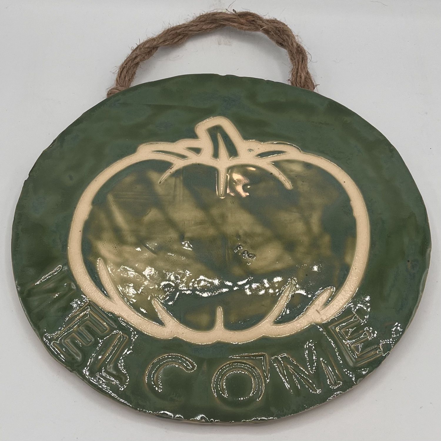 Mark Hodge, Ceramic Wall Hanging, Green Pumpkin Welcome Sign