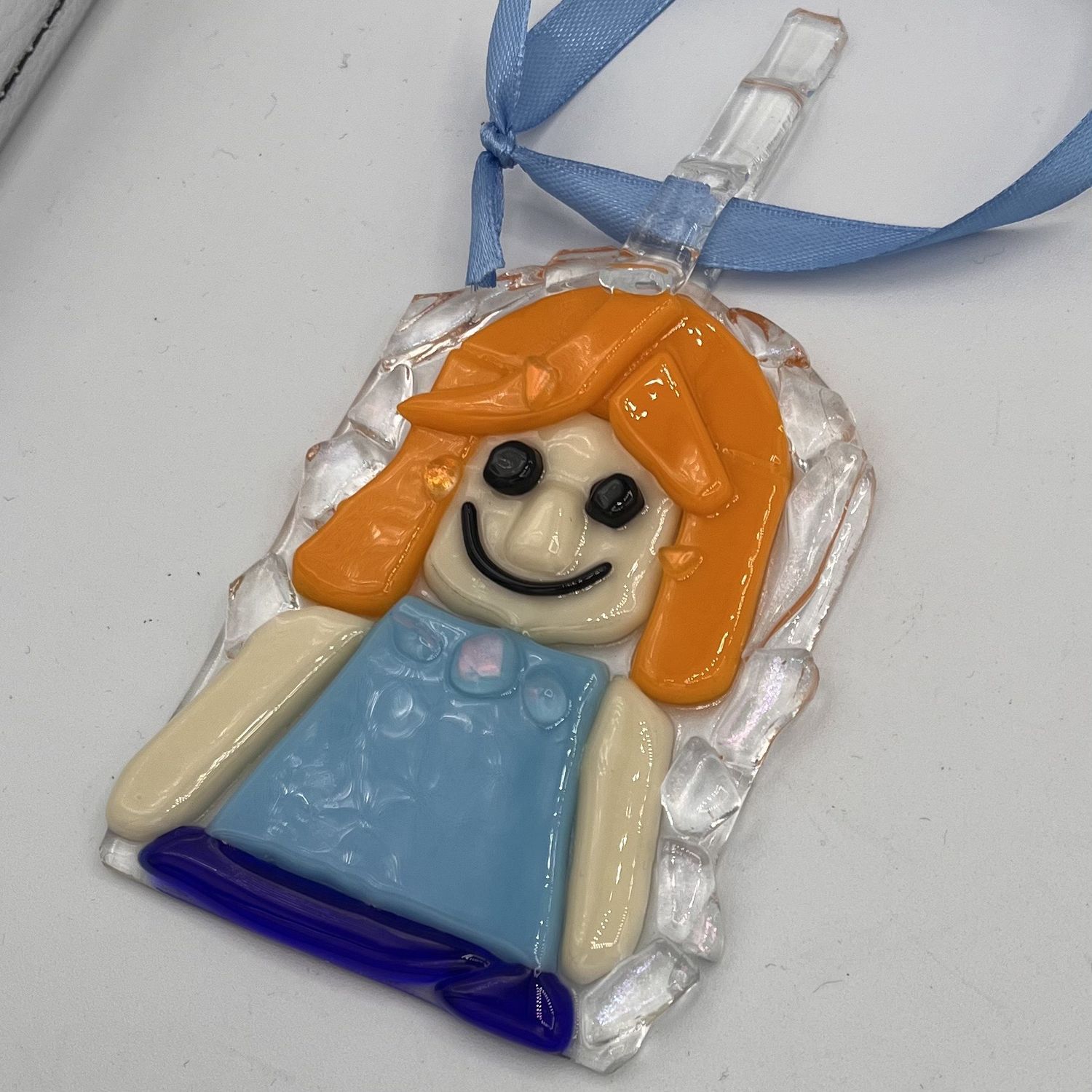 Andrea Walker, Fused Glass Ornament, Blonde Girl in Blue