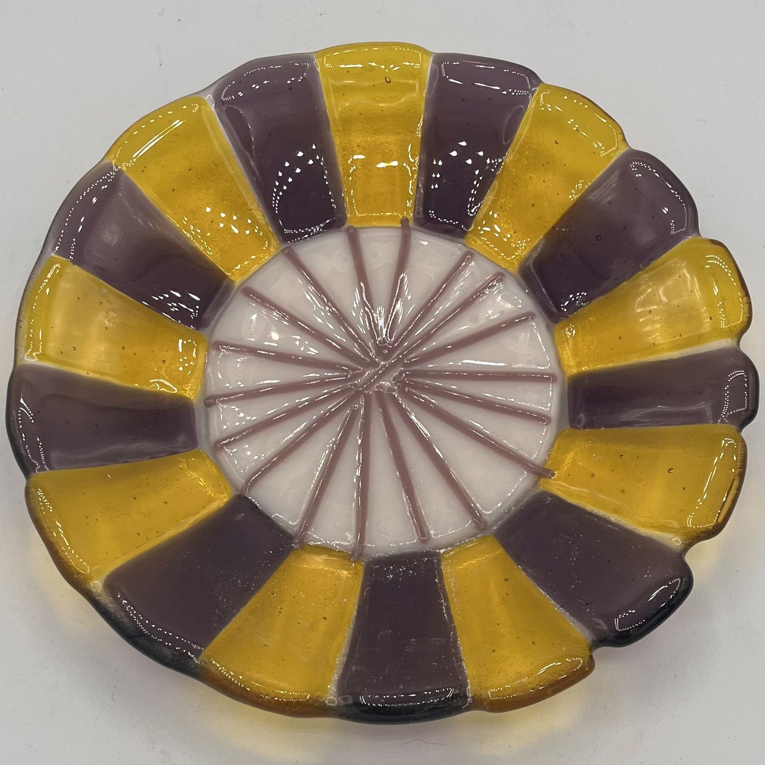 Alphonso Rowe, Fused Glass Bowl, Yellow, Purple and White Design