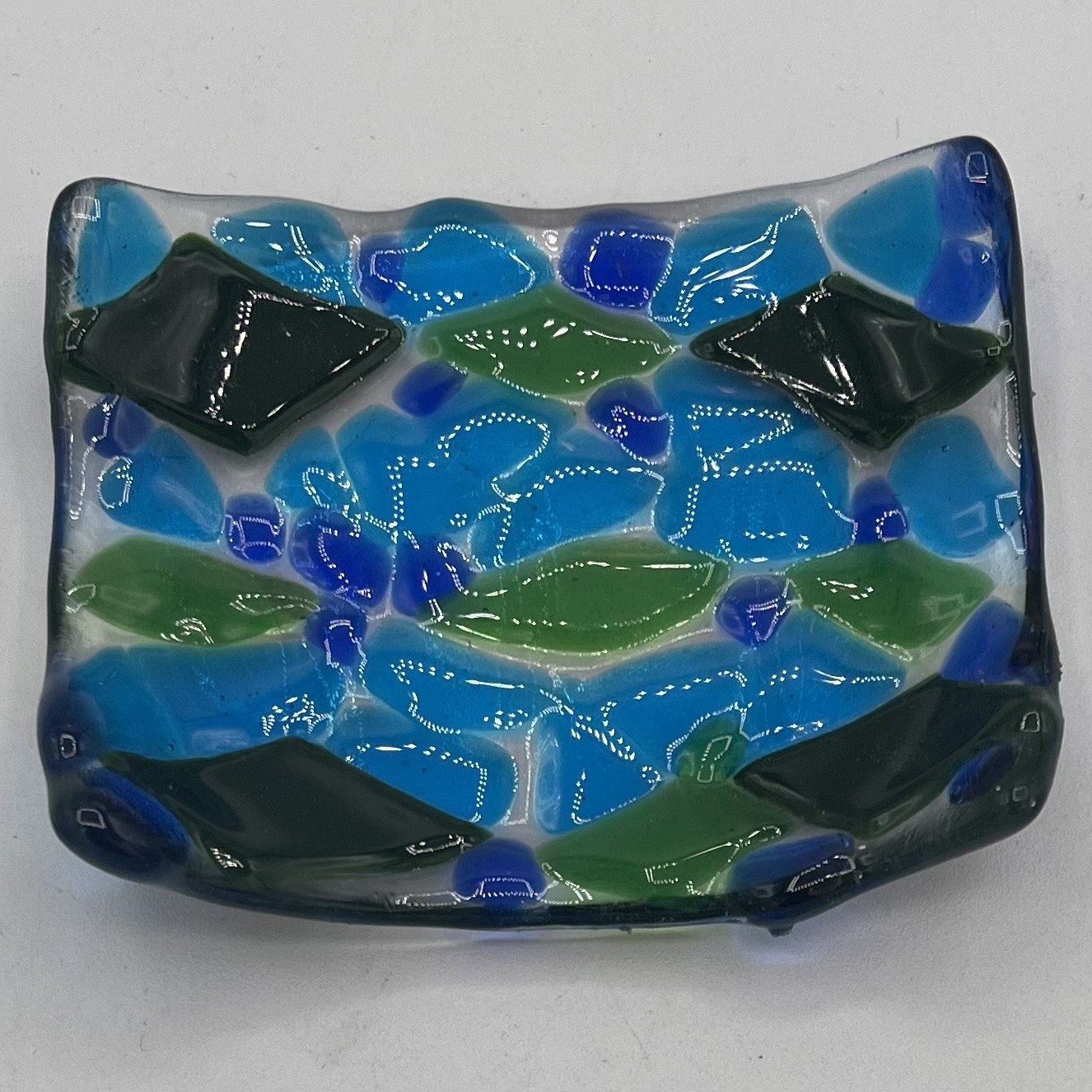 Annie Baxter, Fused Glass Soap Dish, Blue and Green Shapes