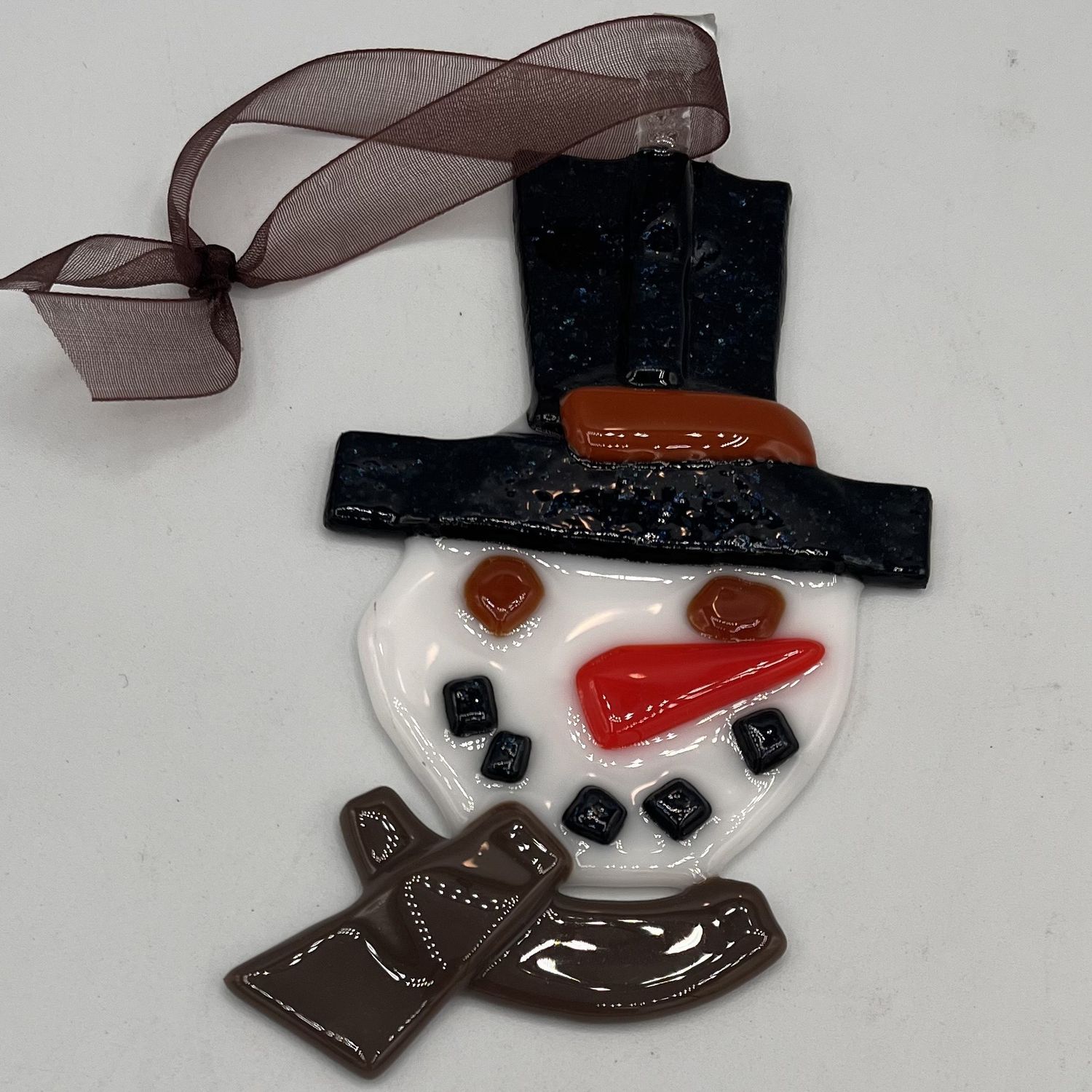 Jonathan McDowell, Fused Glass Ornament, Snowman in Brown