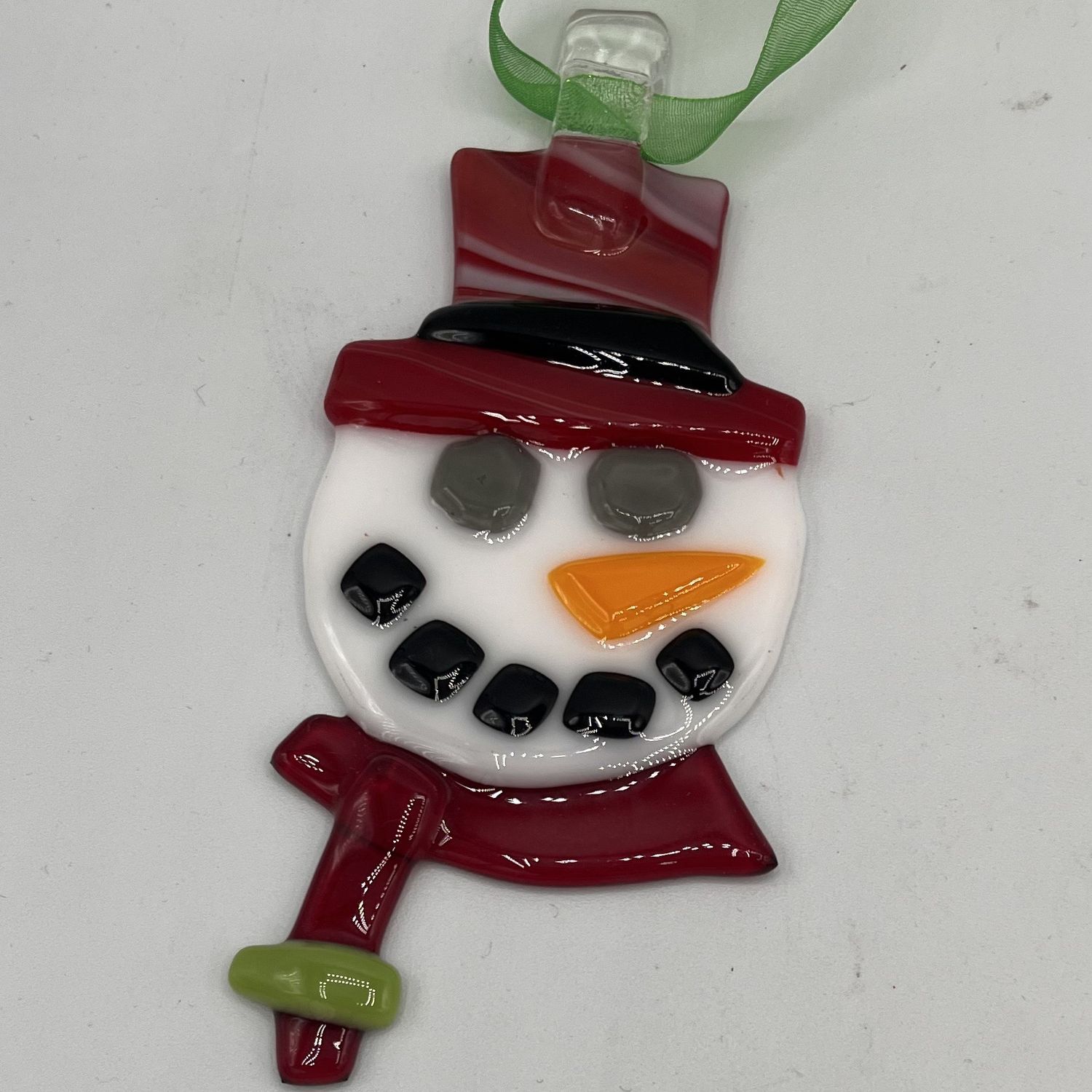 Jody Mann, Fused Glass Ornament, Gray-Eyed Snowman in Red and Green
