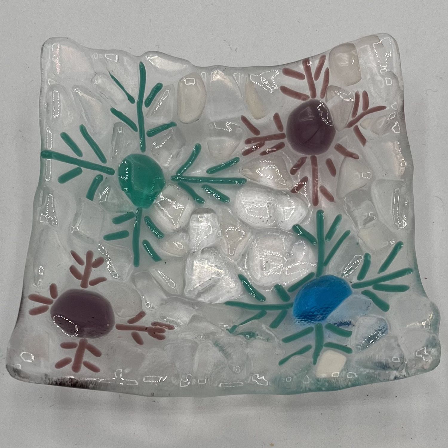 Meredith Bokeno, Fused Glass Dish, Blue and Purple Snowflakes