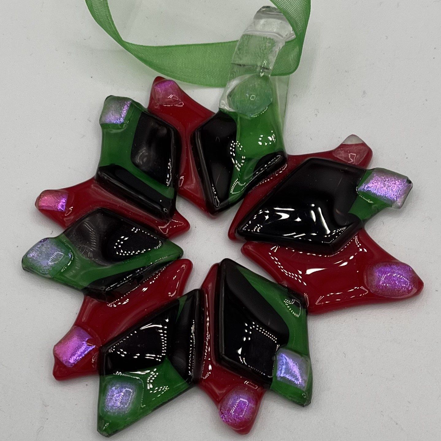 Lori Lefferts, Fused Glass Ornament, Red and Green Wreath