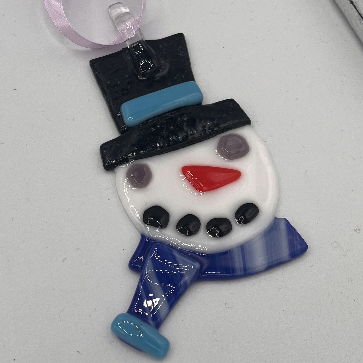 Evan Pohlman, Fused Glass Ornament, Purple-Eyed Snowman in Blue
