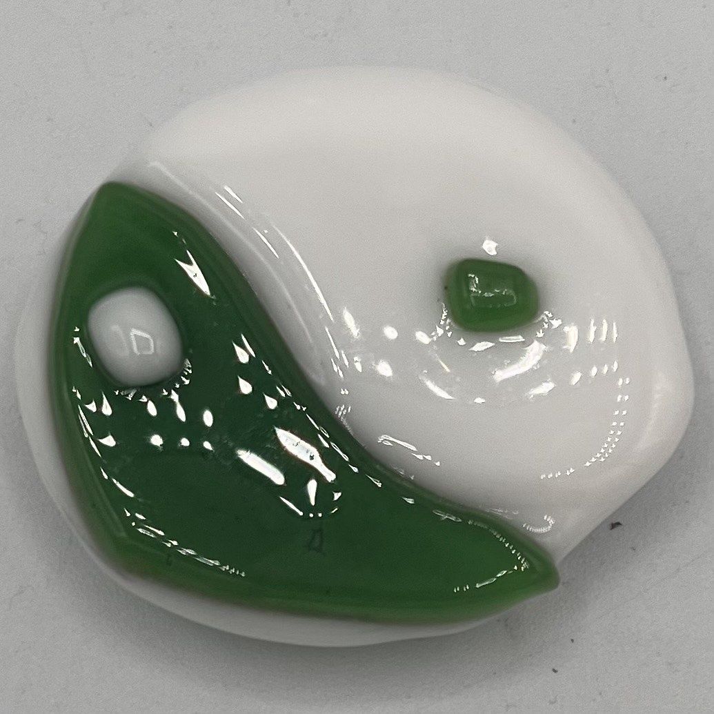 Duane Sparks, Fused Glass Magnet, Green and White Yin Yang