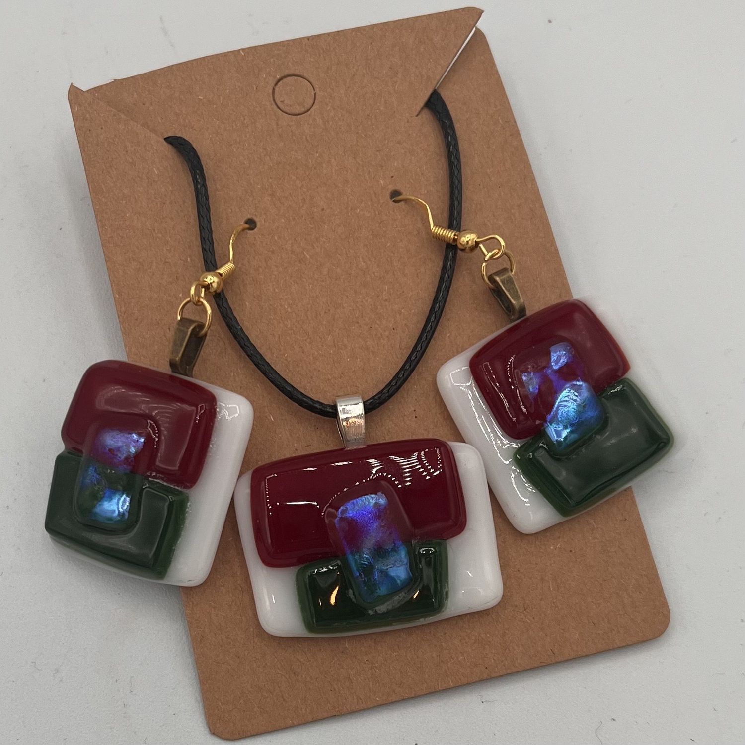 Alphonso Rowe, Fused Glass Jewelry Set, Red, Green and White Design