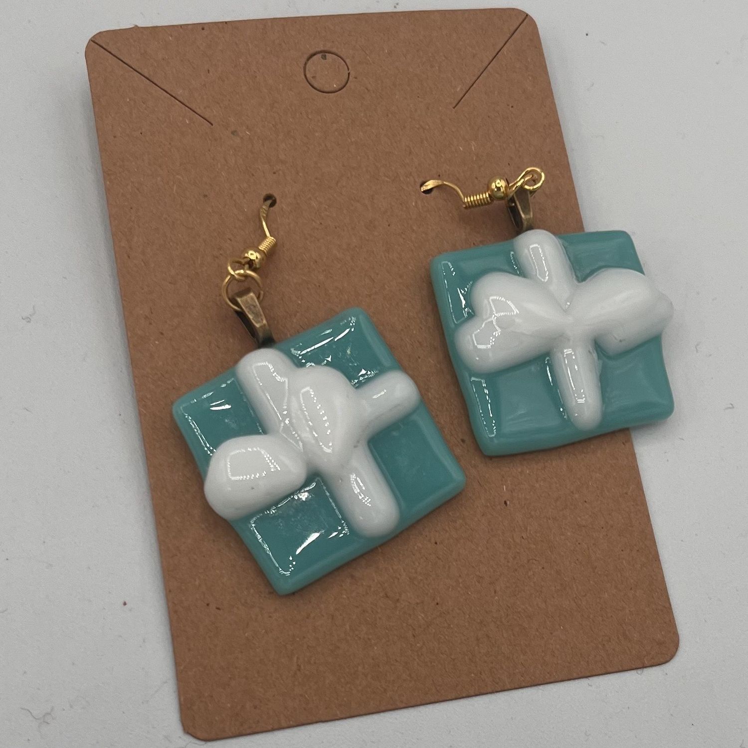 Alphonso Rowe, Fused Glass Earrings, White and Turquoise Presents 2