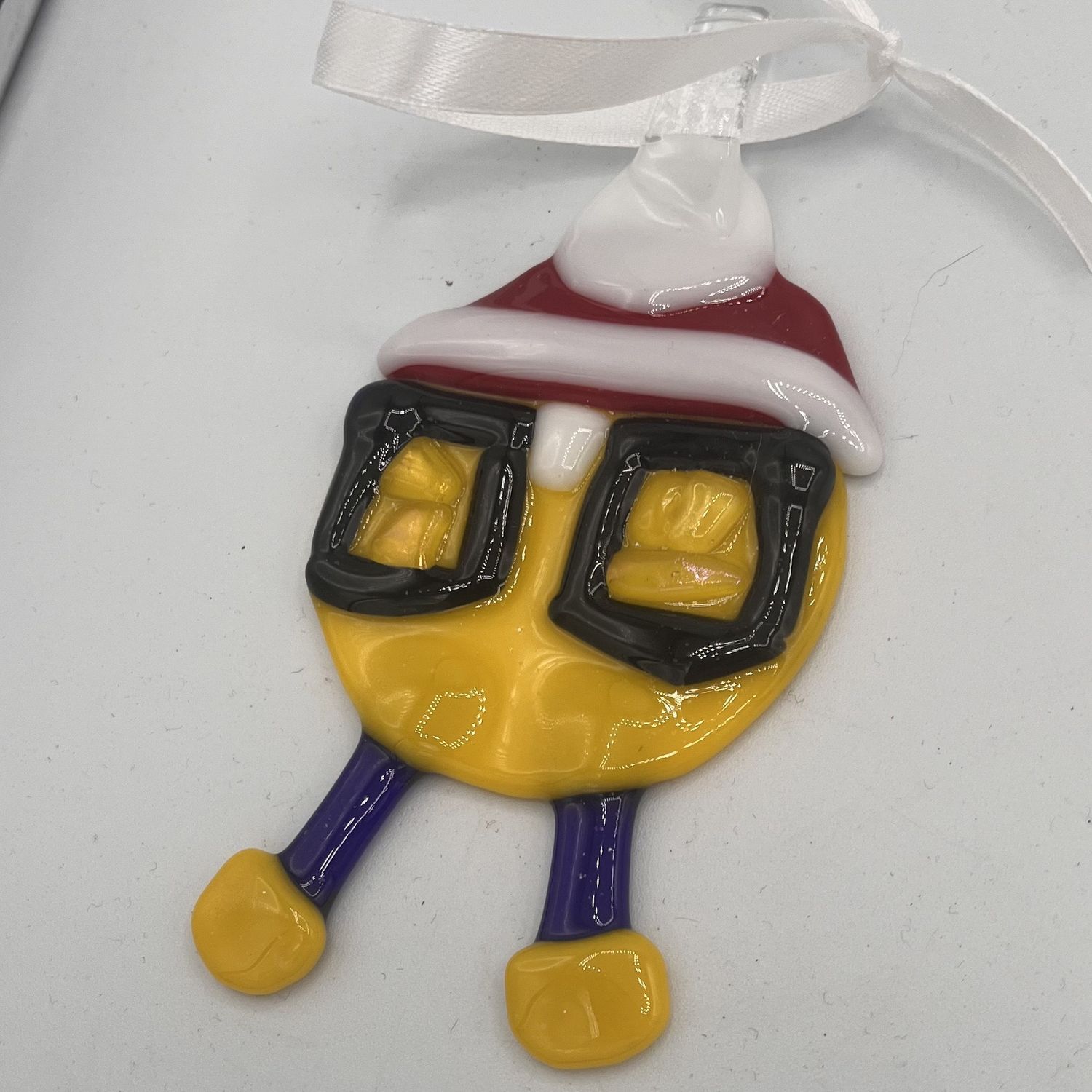 Alaina Weeks, Fused Glass Ornament, Yellow and Blue Christmas Character