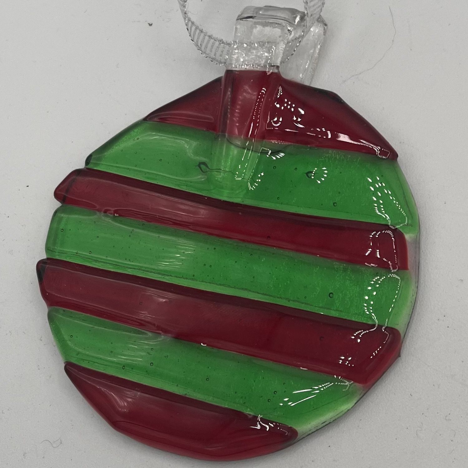 Alaina Weeks, Fused Glass Ornament, Red and Green Stripes