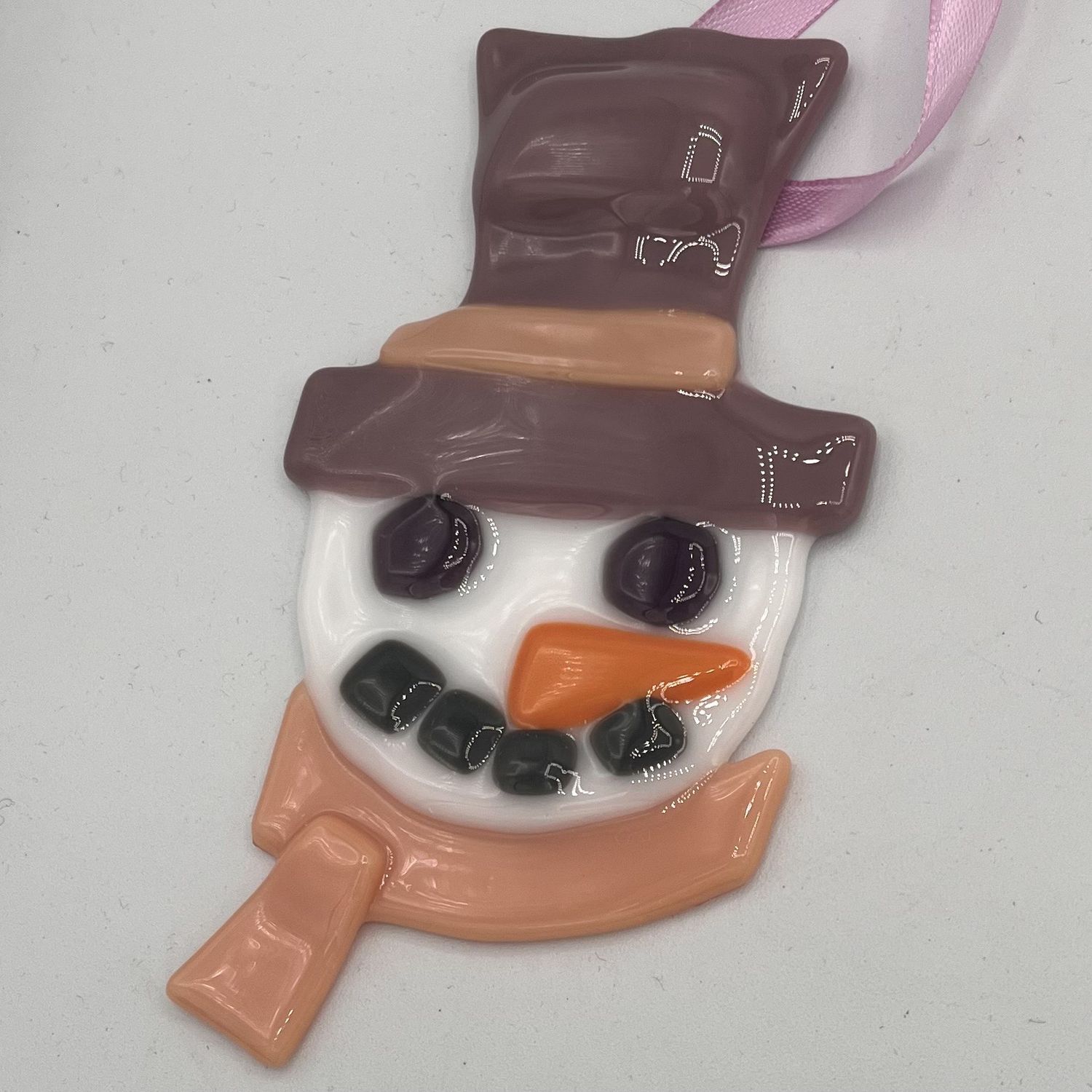 Cassie Sullivan, Fused Glass Ornament, Snowman in Pink and Purple