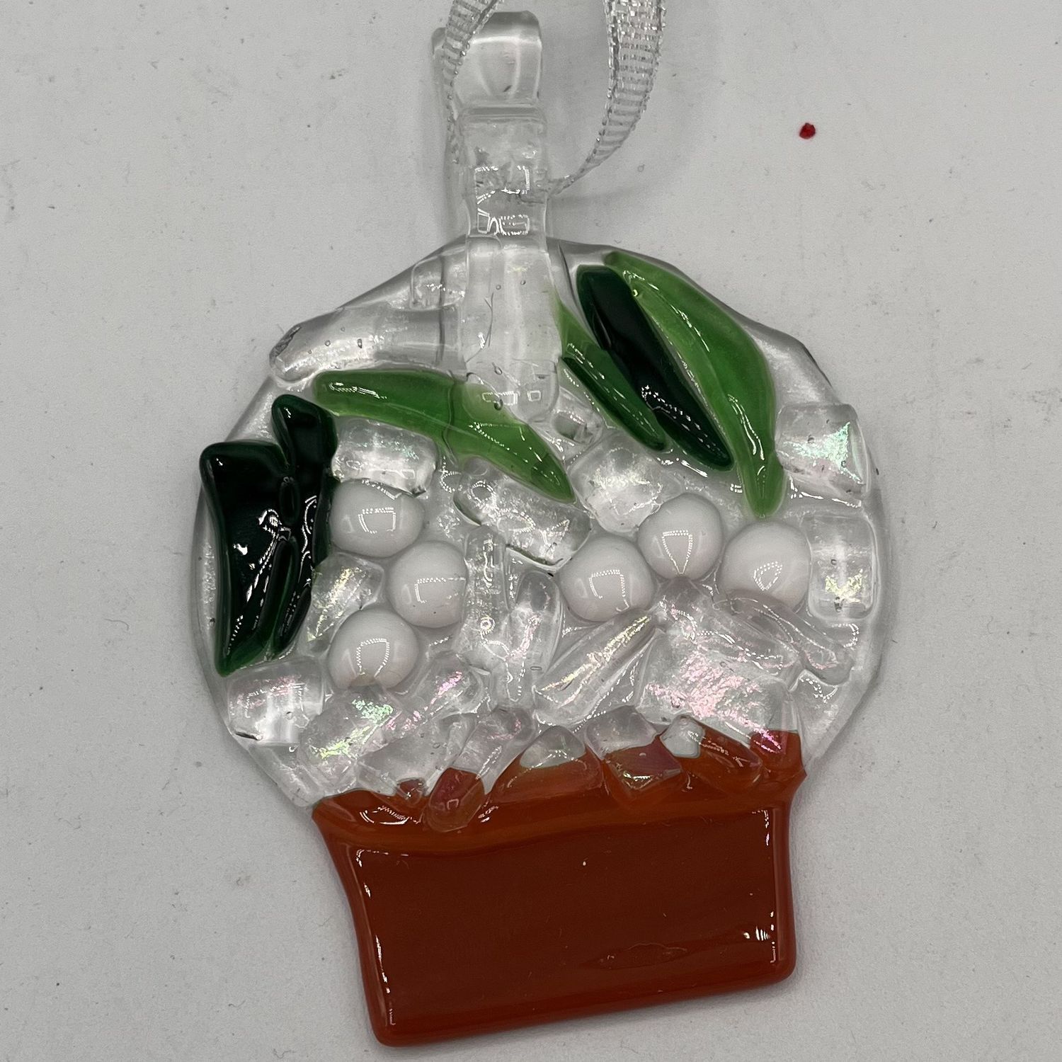 Dionysia Sanchez, Fused Glass Ornament, White Flower Snowglobe