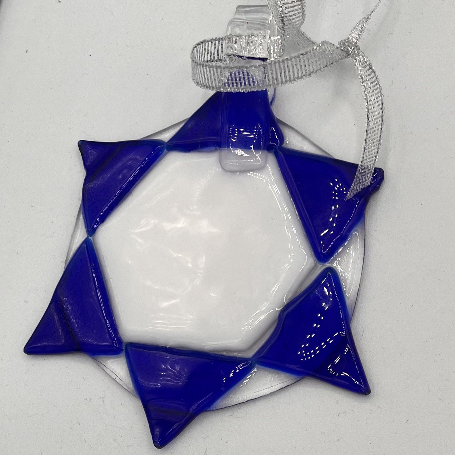Duane Sparks, Fused Glass Suncatcher, Blue and White Star of David