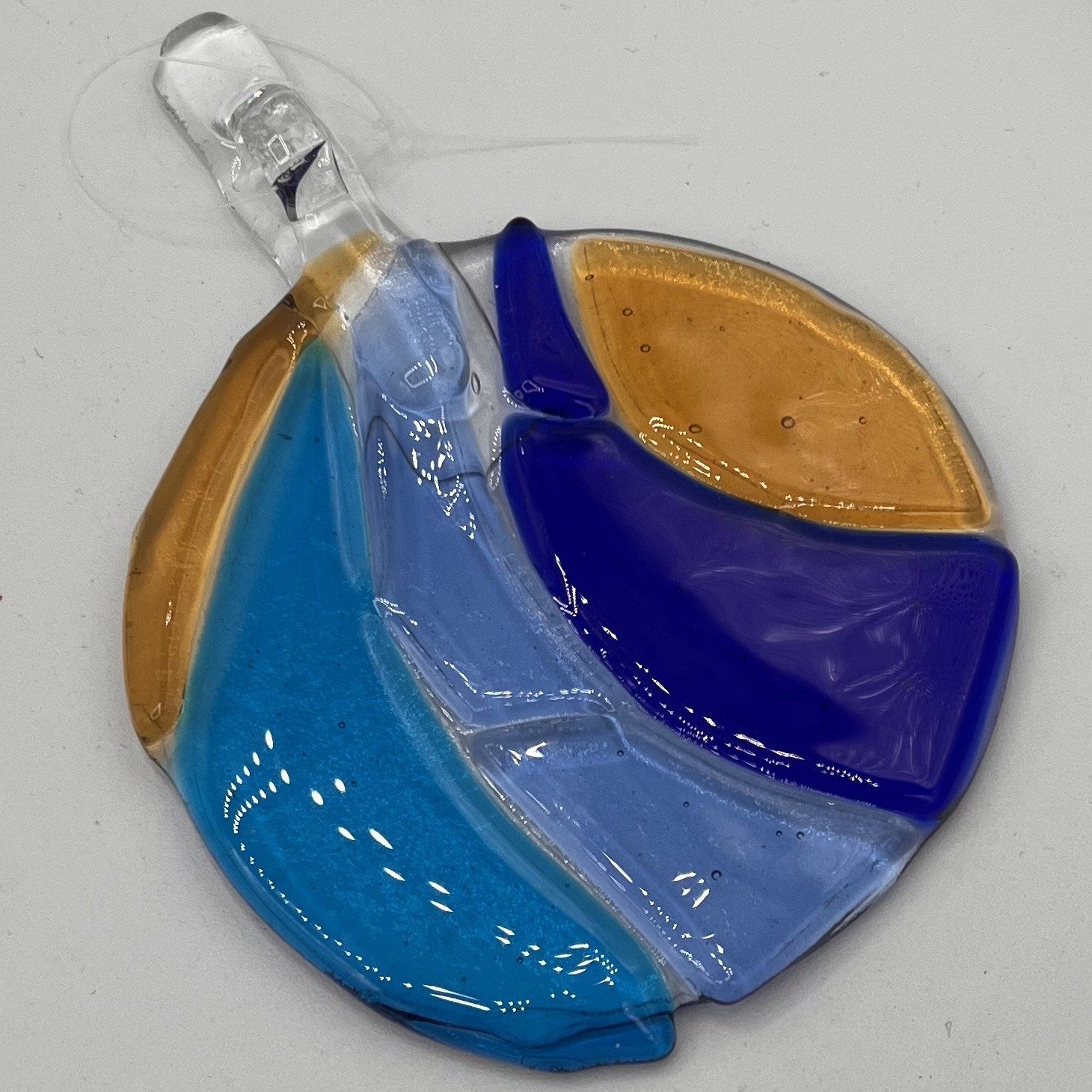 Joey Buschelman, Fused Glass Suncatcher, Yellow and Blue Design