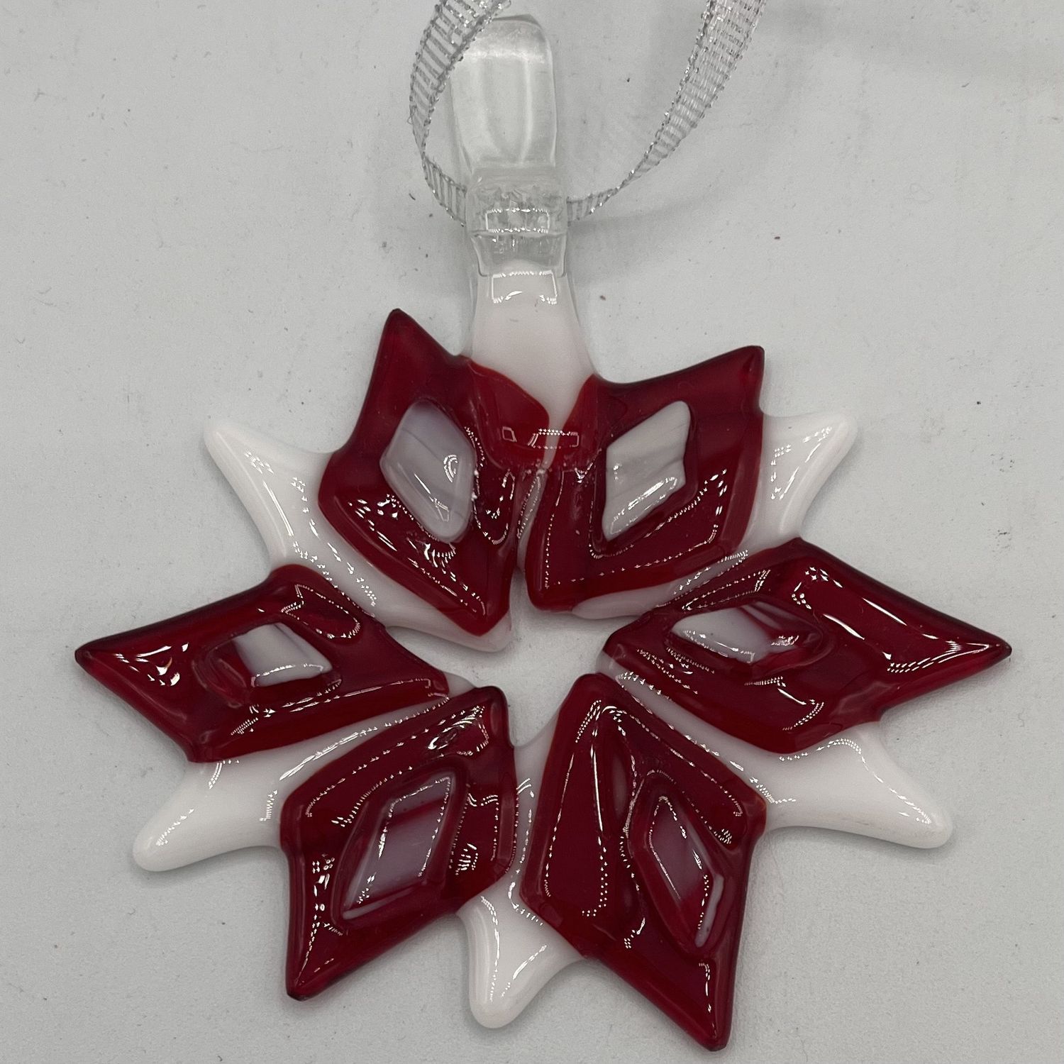 Lake Barlow, Fused Glass Ornament, Red and White Wreath