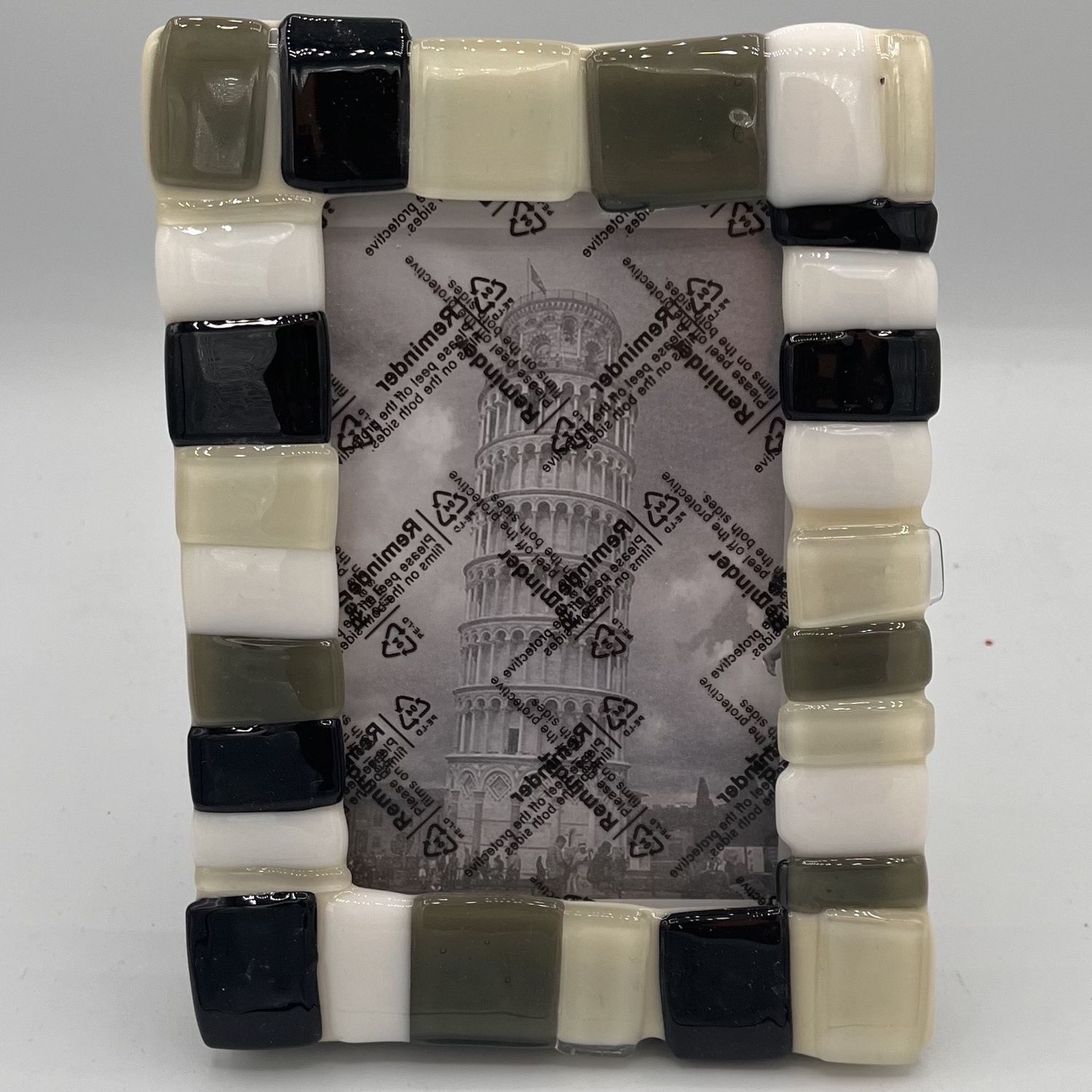 Bobbie Jo Robinson, Fused Glass Frame, Black, Grey and White Stripes and Squares